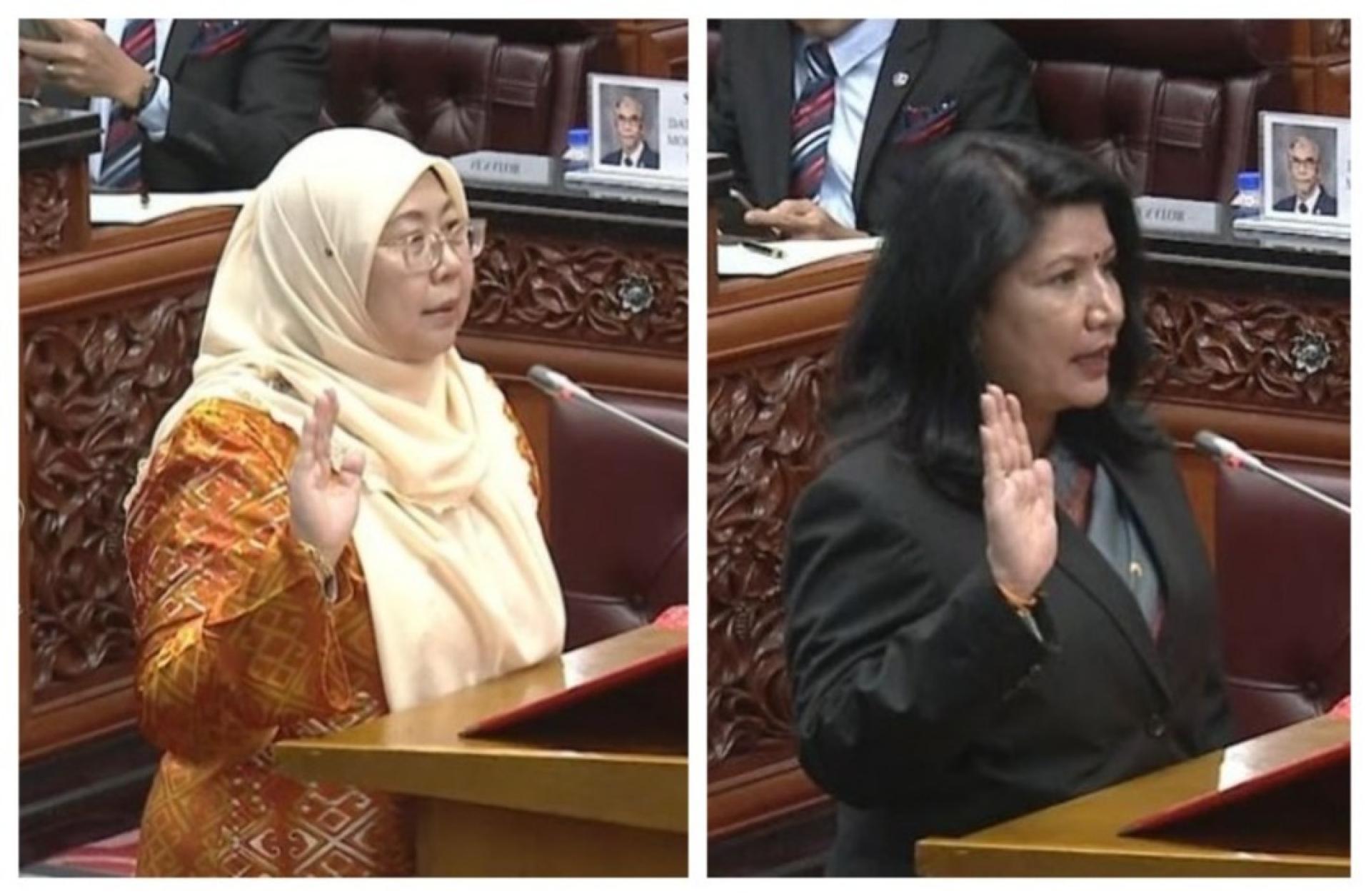 傅芝雅（左图起）及莎拉丝瓦蒂，宣誓续任上议员，任期从即日起起生效至2028年12月9日。