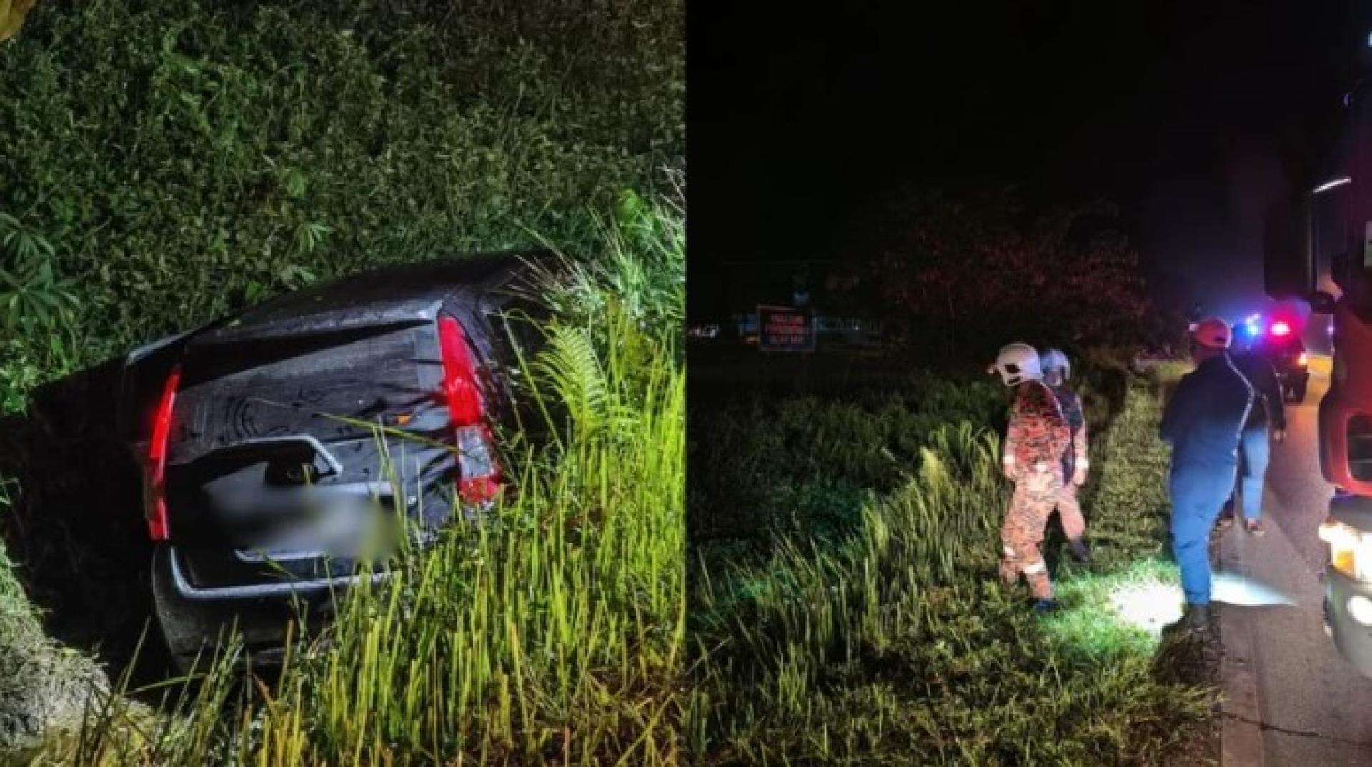 一辆 Perodua Viva 轿车昨夜在斯里阿曼通道路发生自撞事故，冲入沟渠。