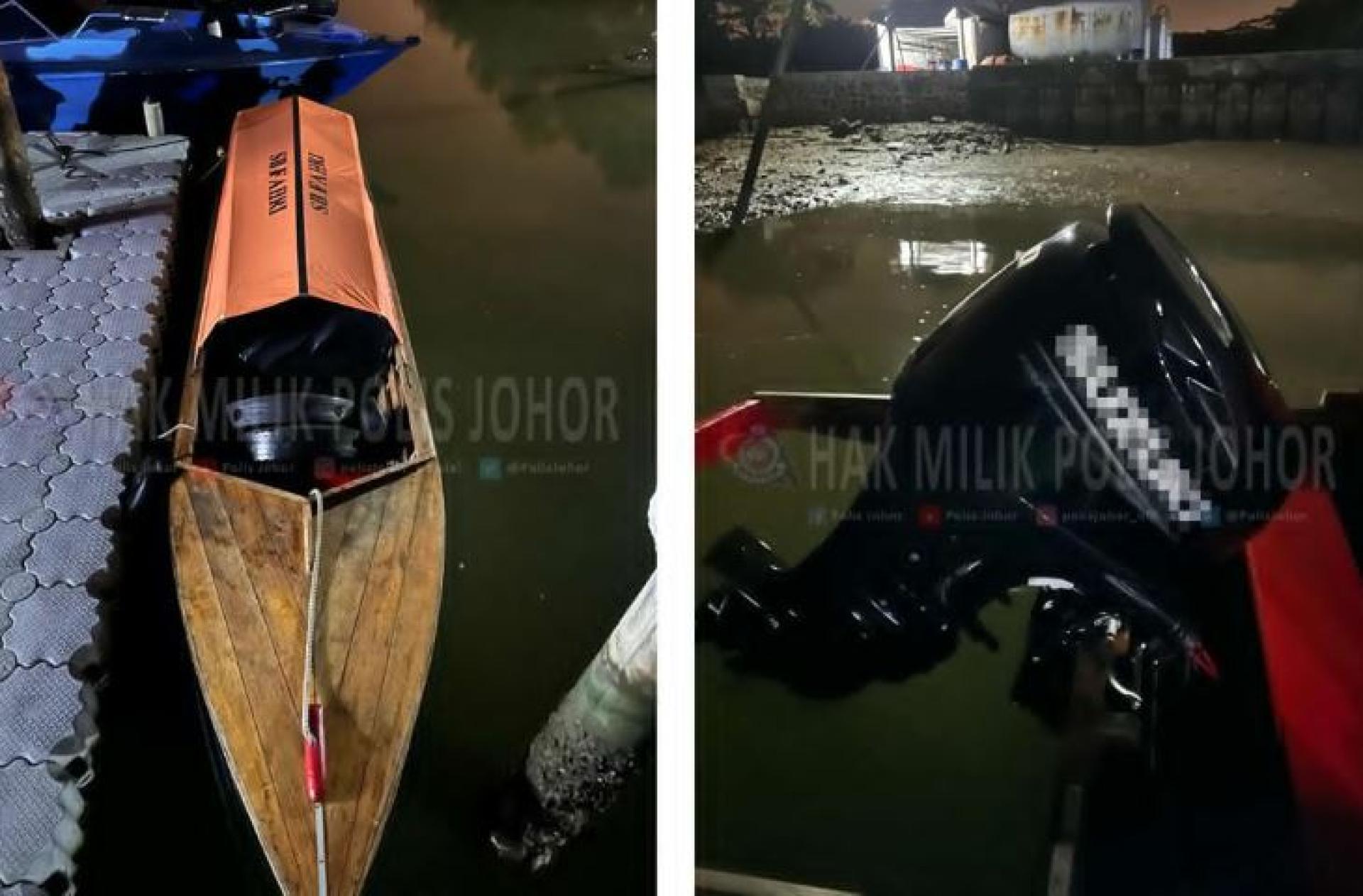 警方起获的物品包括木制快艇及发动机等。（图源：PDRM \ 大马皇家警察）