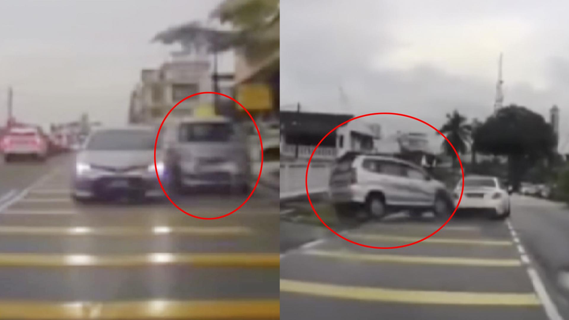 一辆休旅车以飞快的速度从道路左侧超车，结果连撞2车。