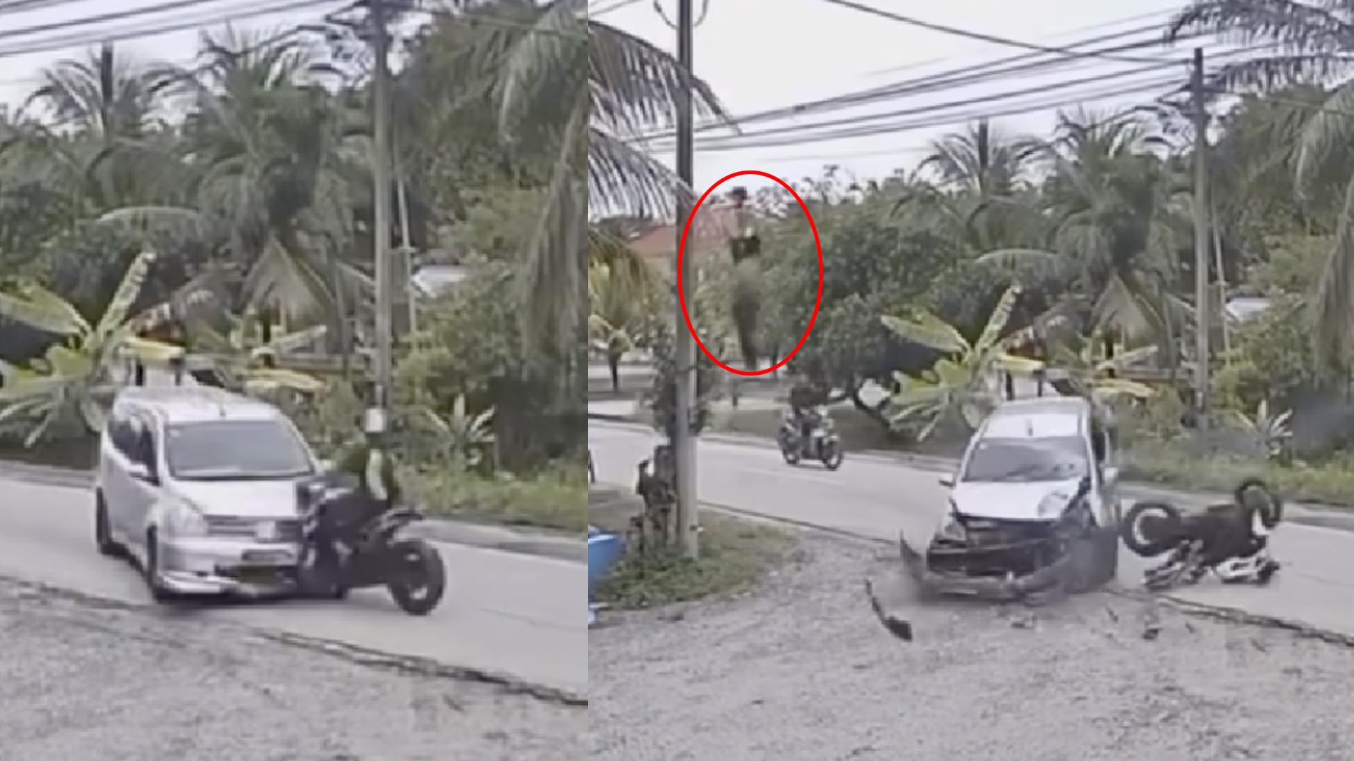 骑士闪避不及猛撞该辆车，在猛烈的撞击下腾空抛飞到前方的沟渠。