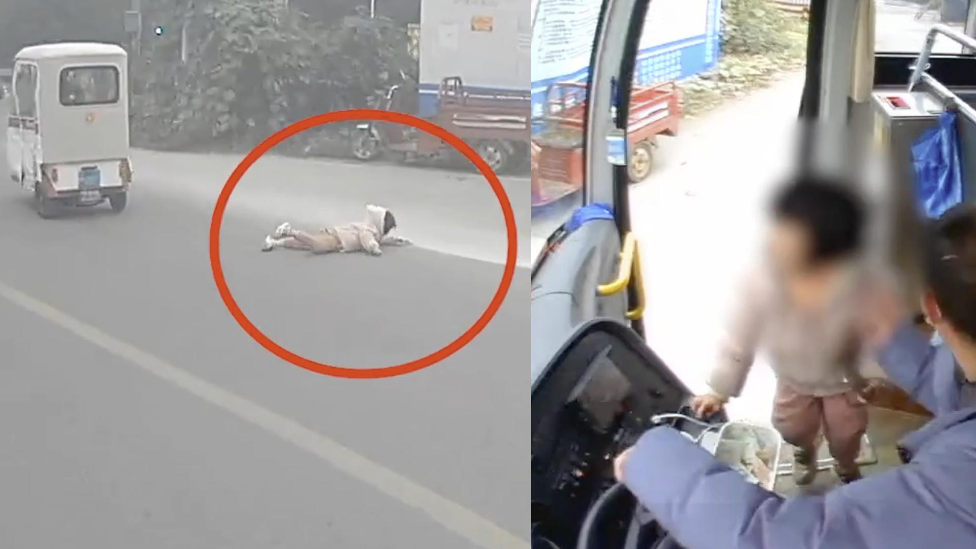 一名女童从疾驰的三轮摩托车上意外摔落，还好后方巴士司机见状立即停车救助。