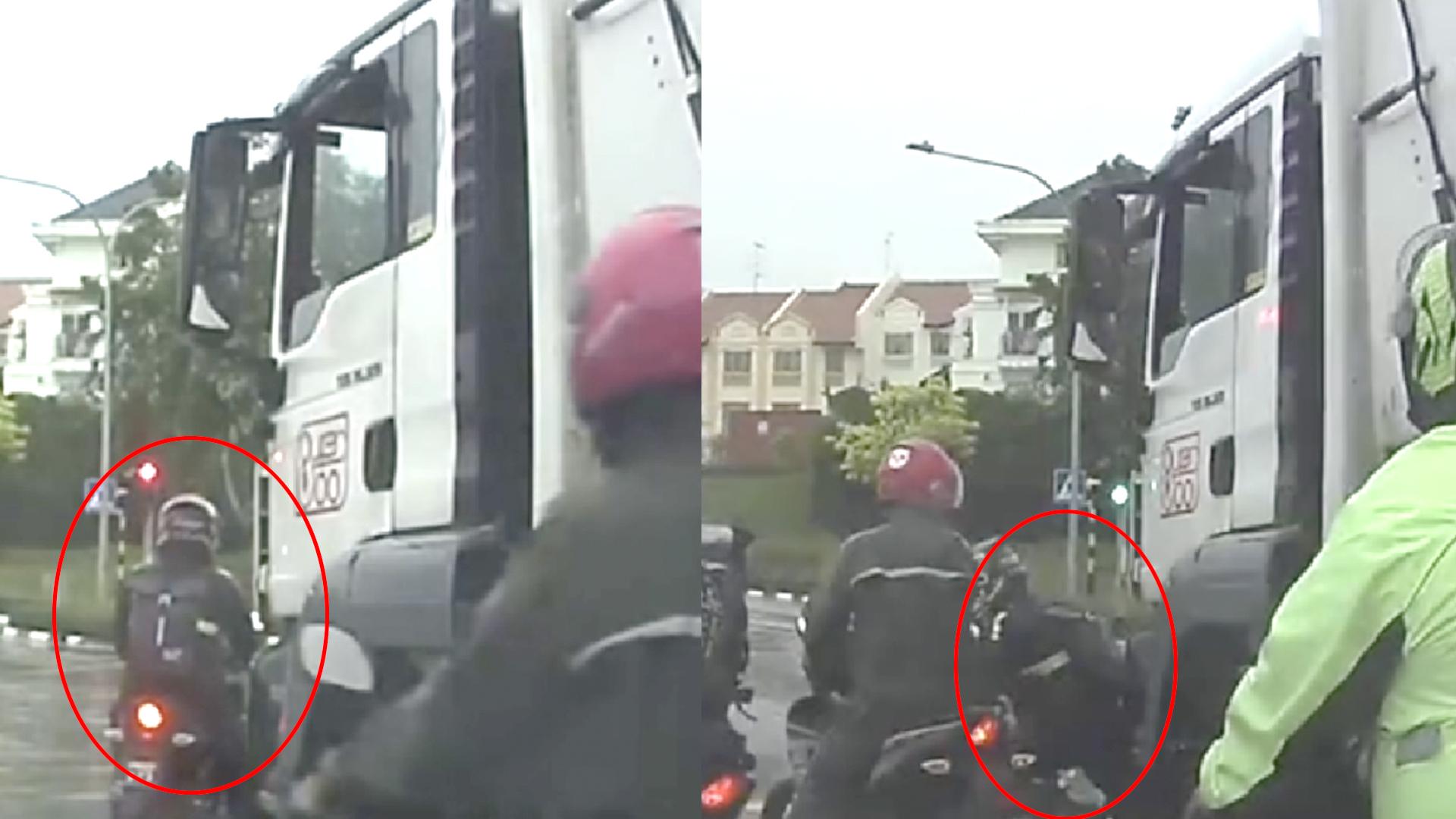 一辆大马注册的摩托车在新加坡公路上的交通灯处等候时，停在一辆垃圾车左前方。由于该处是垃圾车司机的视线盲点，结果绿灯亮起时，启动的垃圾车把骑士连任带车撞翻在地.