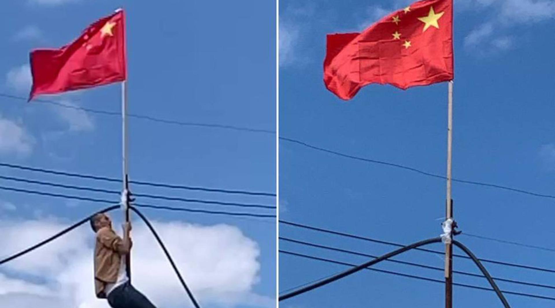 泰军在波比市轰炸后，当地部分中国公民升挂中国国旗表明身份。（图：柬中时报）