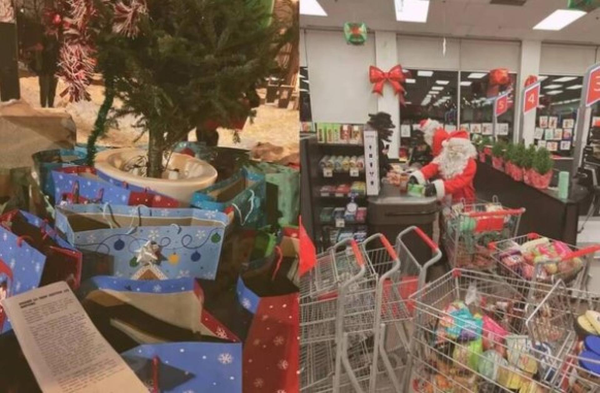 （右图）一群装扮成圣诞老人的蒙面人闯入超市，抢走食物。（左图）贼人将抢走的食物放在圣诞树下给民众自行取用。