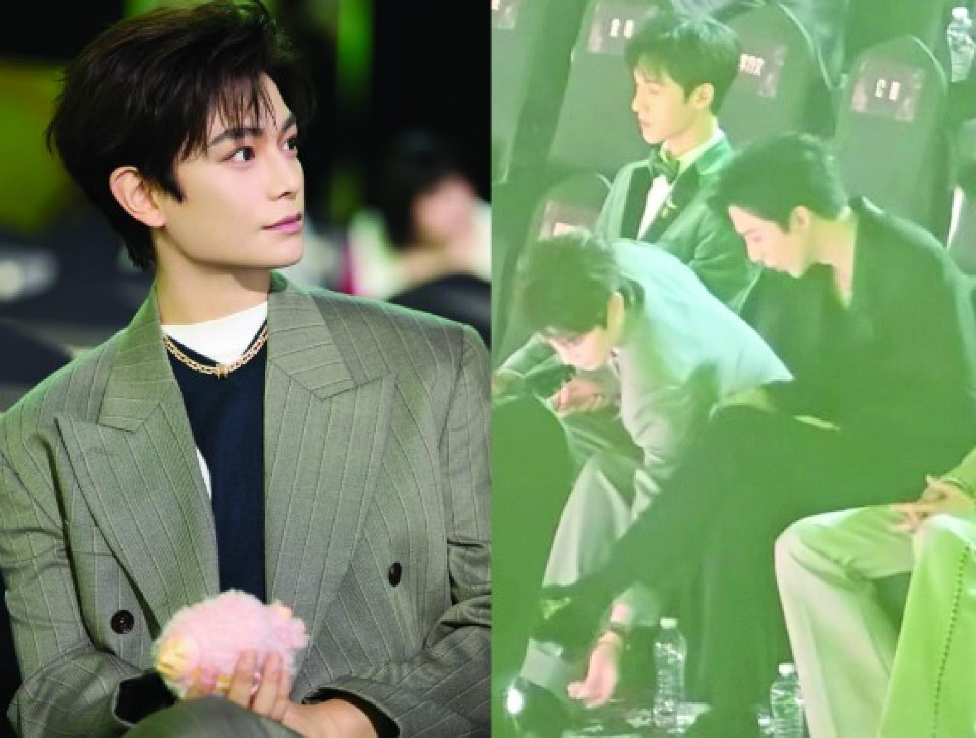 丁禹兮（中）帮刘宇宁摘掉鞋底纸片，竟遭酸“表演型人格”。