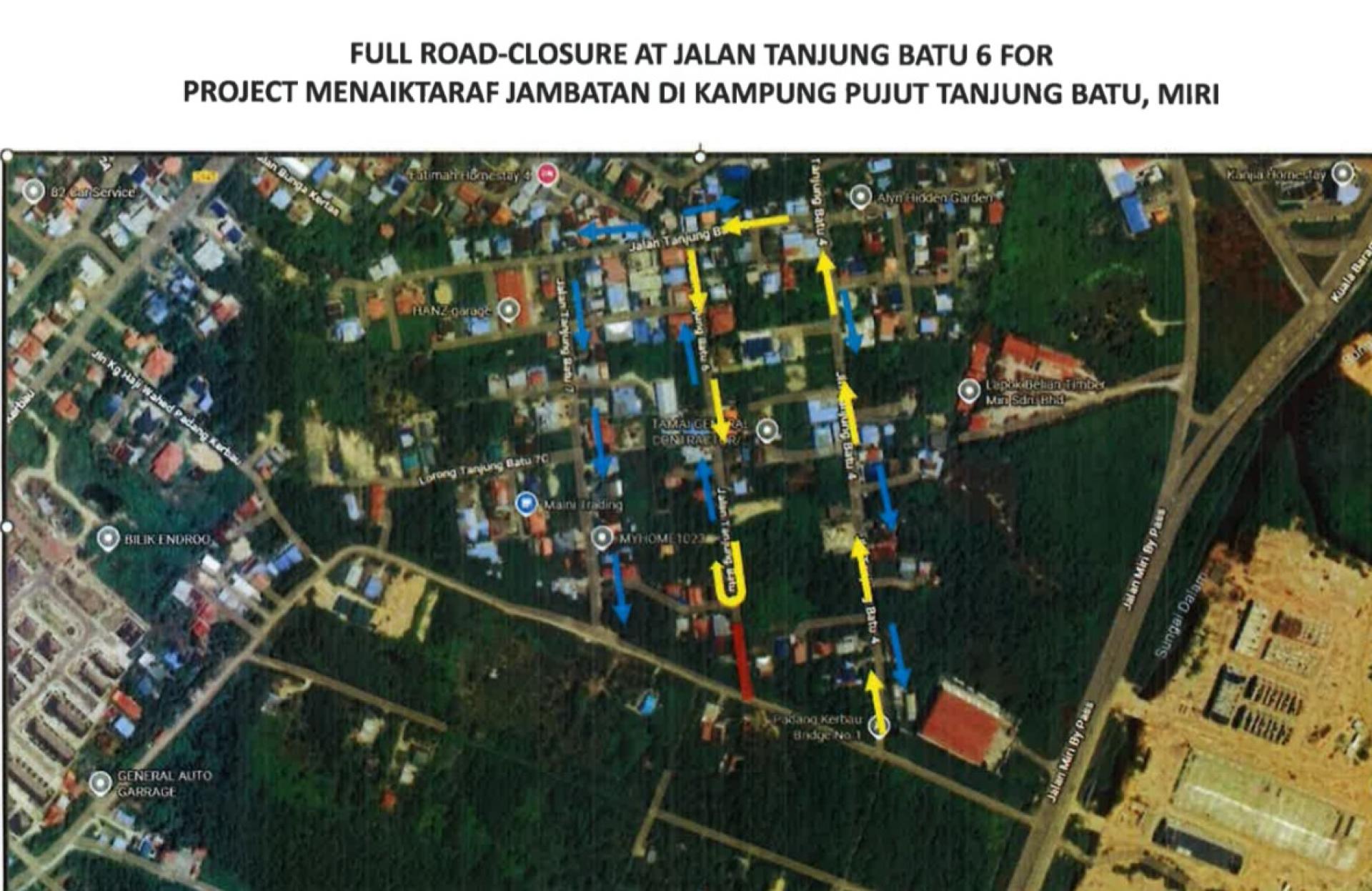 甘榜埔奕丹绒峇都桥梁项目启动， 丹绒峇都6路12月28日起封闭至明年3月8日。图为受影响区域的平面图。