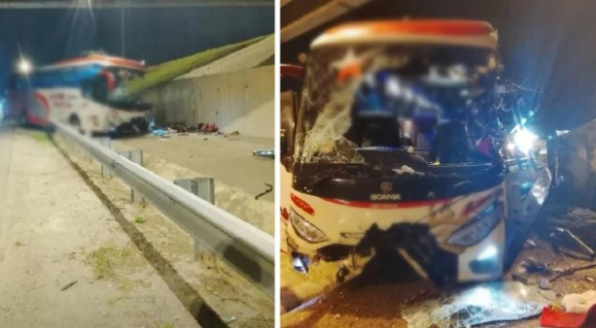 一辆长途巴士于周五晚上失控，并撞上道路中央的分界堤，导致副驾驶与3名乘客受伤。