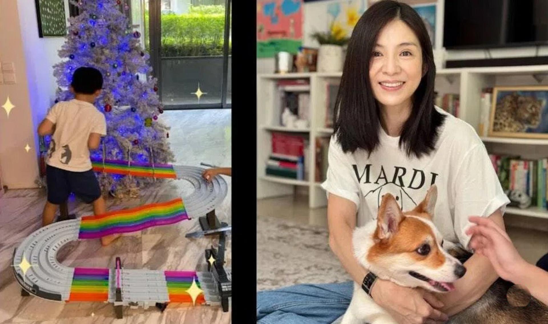 杨采妮（右图）在小红书晒近照，以及孩子把客厅变成“赛车场”的照片。