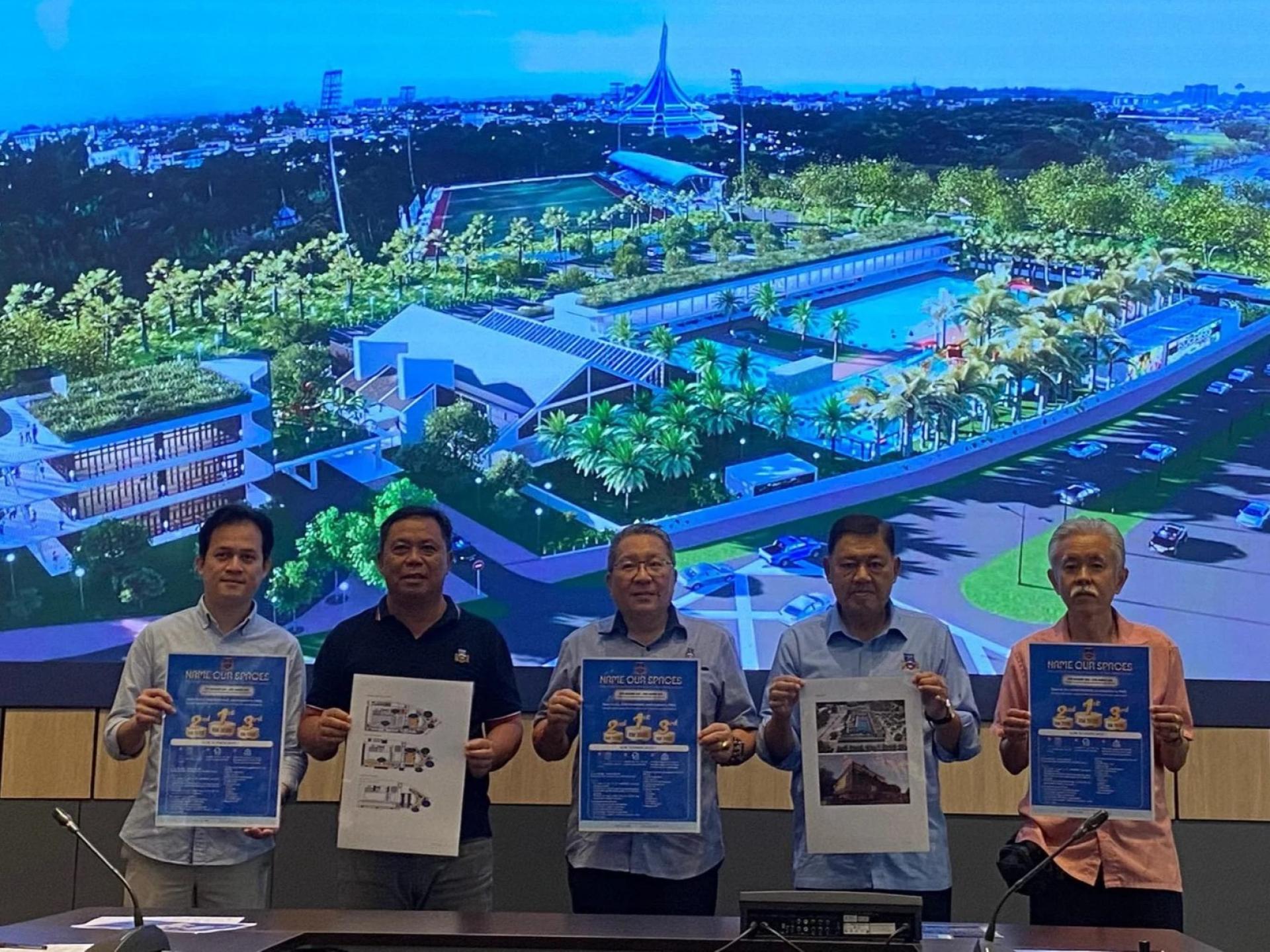 古晋南市今日启动“为我们的空间命名”竞赛，邀请市民积极参与，为即将建设的地标性开发项目命名，塑造城市特色与文化认同。左3为市长拿督黄鸿圣。