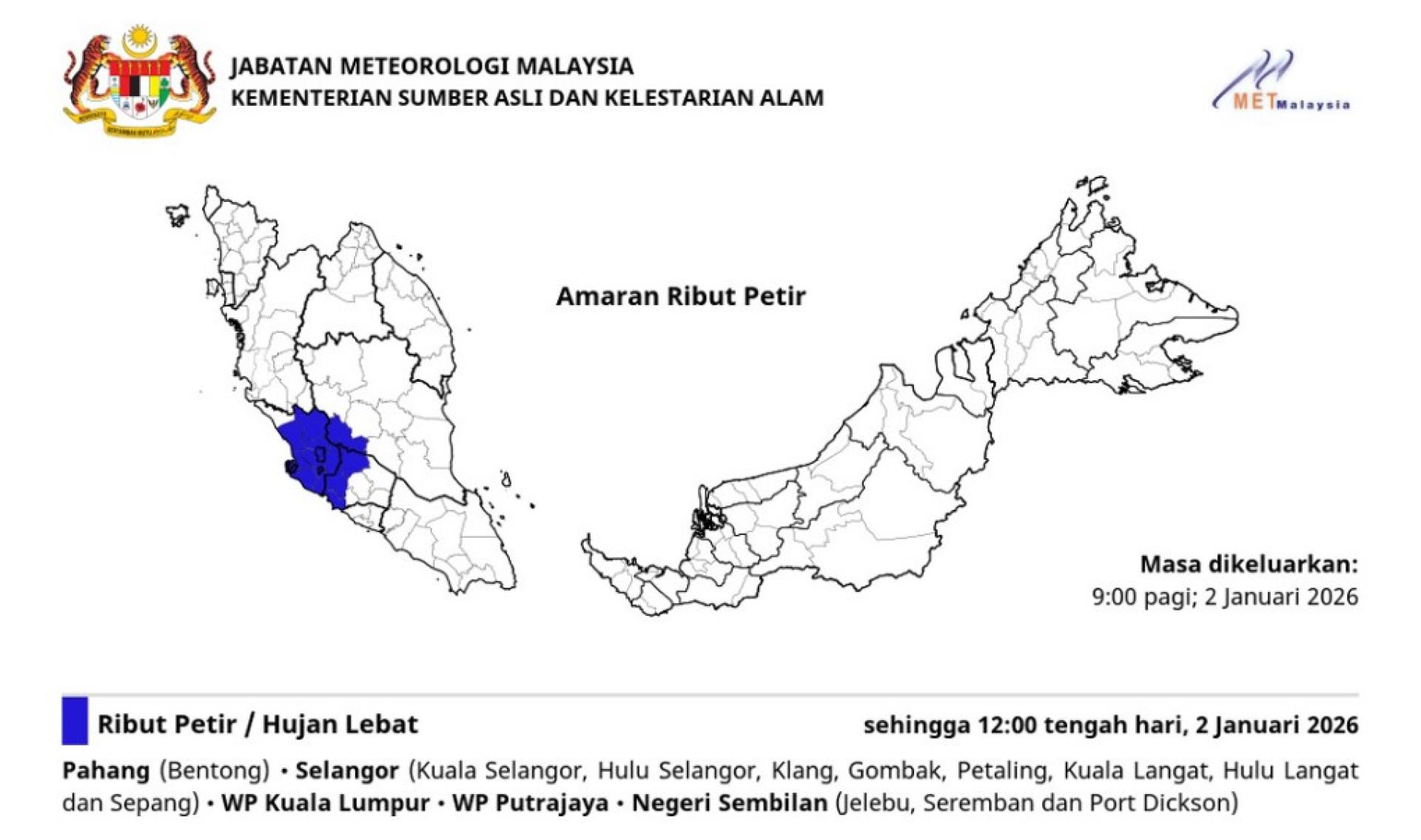 气象局周五（1月2日）发布雷暴、强降雨及大风预警，涉及4个州属及联邦直辖区，预警有效期持续至中午12时。