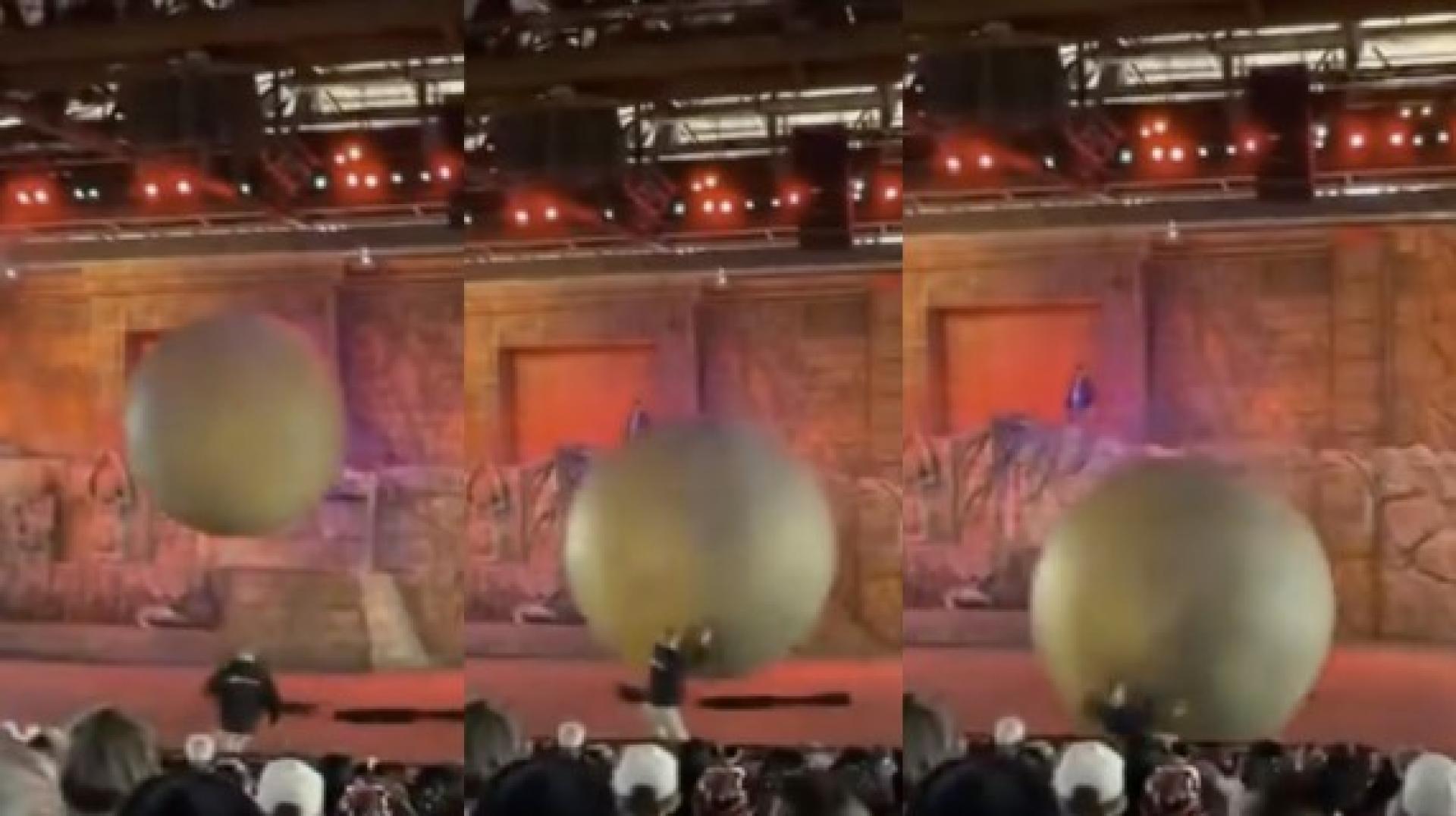 一名员工英勇用肉身挡巨球，虽然他本身受伤，但成功阻止更多人受伤。