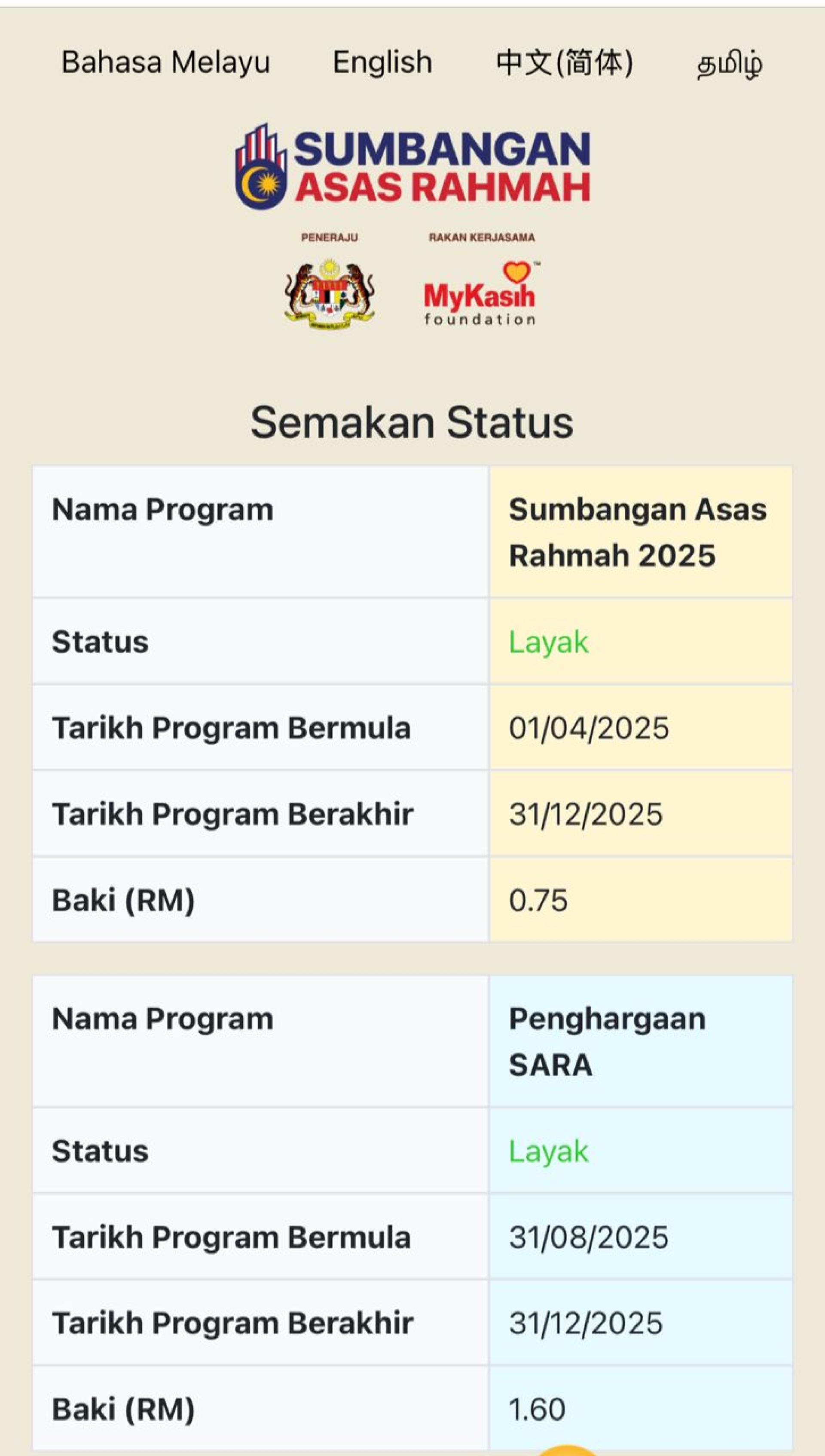 受惠者在系统查询时，资料显示SARA去年的发放情况。
