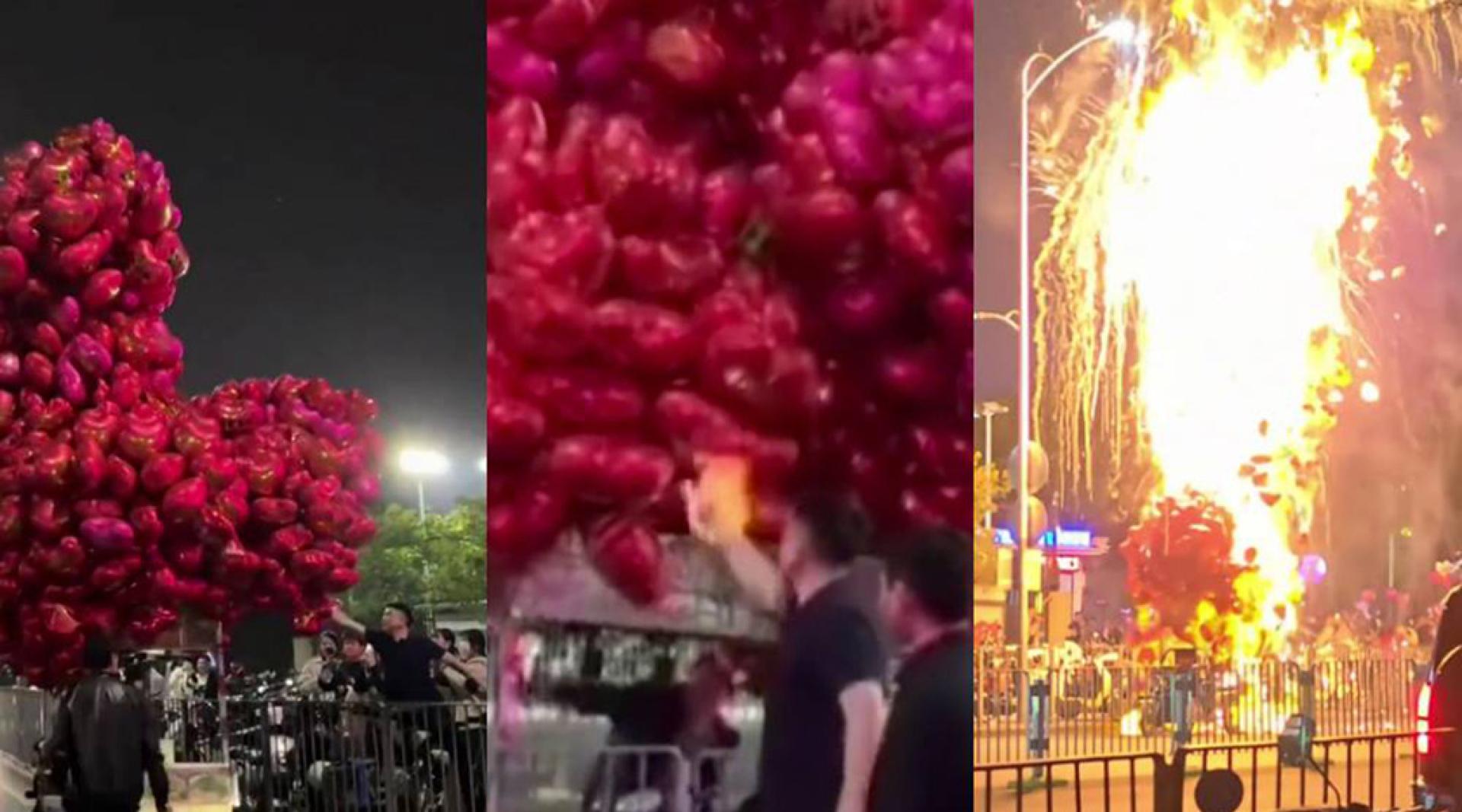 一名过路的男子突然用打火机将气球点燃，火焰冲天瞬间所有气球及三轮车均被烧毁。