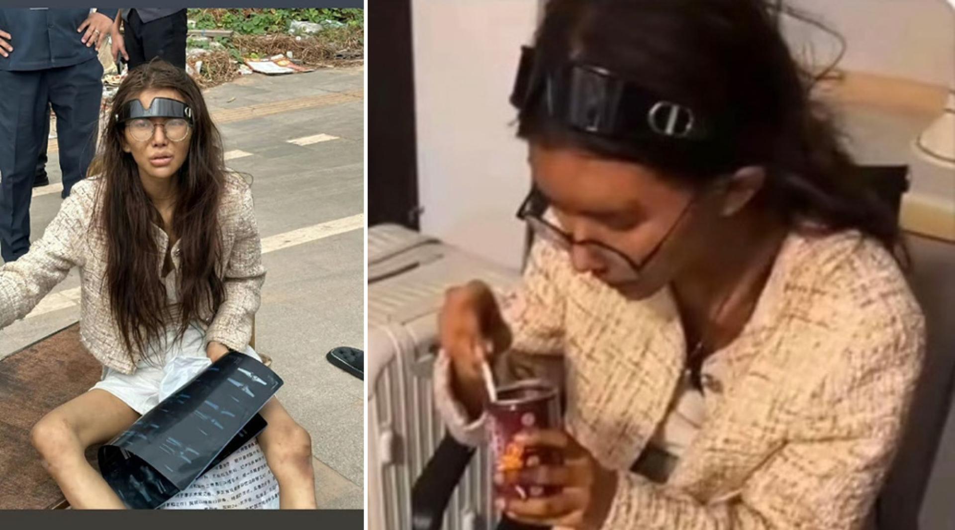 去年12月26日，有网友发帖称，在柬埔寨西港一家酒店附近发现被丢弃的吴某桢。（右）吴姓女子已获援助。