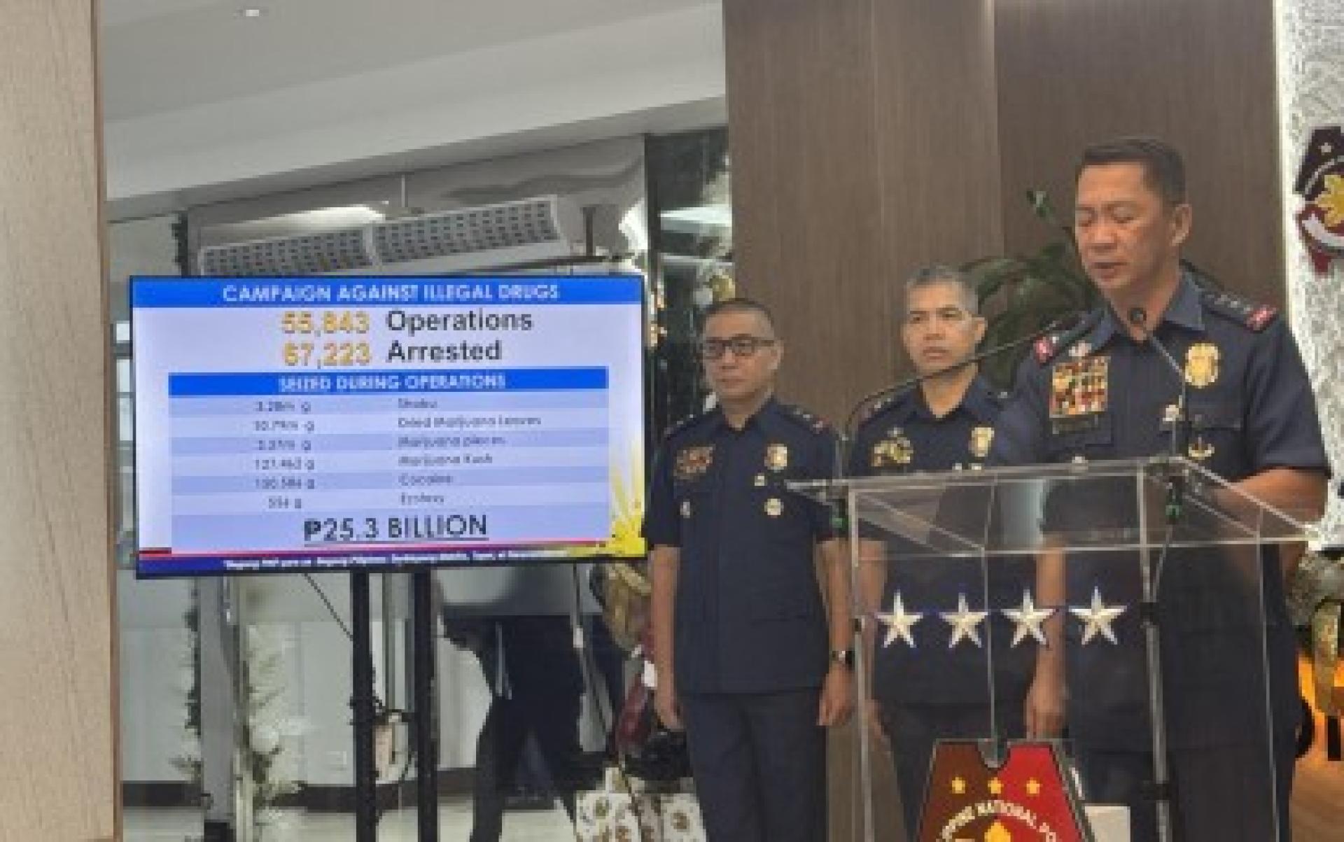 菲律宾国家警察代总警长纳塔特斯周一在奎松市克拉梅营举行记者会，公布2025年缉毒、反走私及通缉犯追捕成果，展示全国执法成绩与治安成效。
