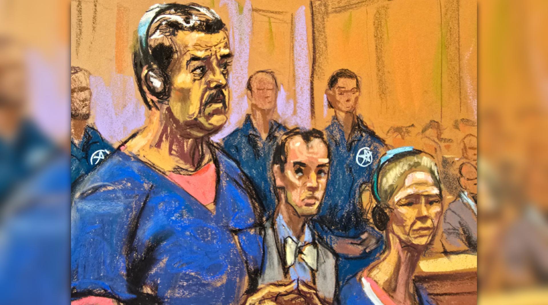 法庭素描显示，马杜罗（左）和妻子弗洛雷斯首次出庭。