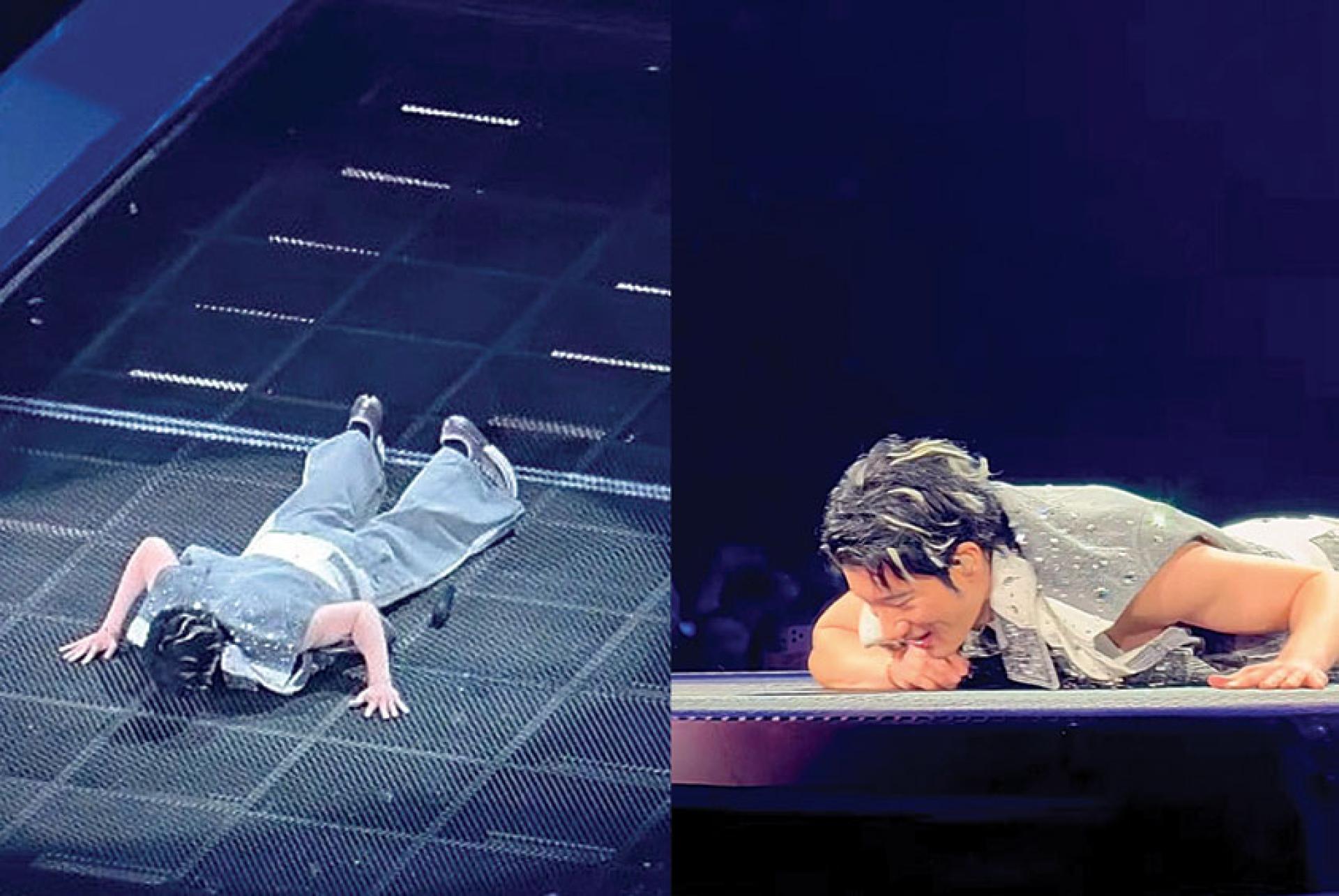 王力宏的项链卡在舞台地板的缝隙，一度无法起身。