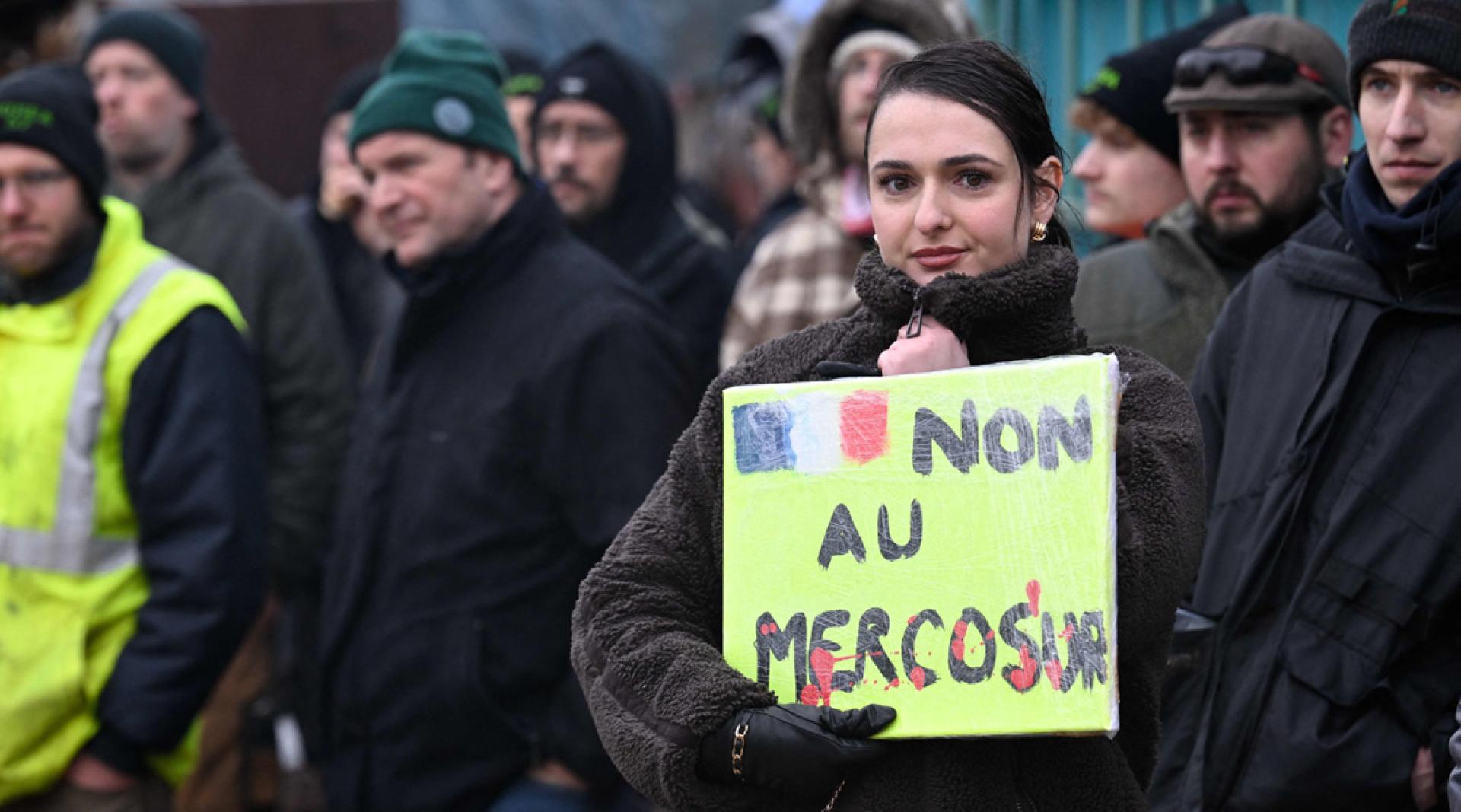 相关示威活动12日在法国东北部奥孔库尔展開，一名女子举着写有“反对南方共同市场”的标语牌。