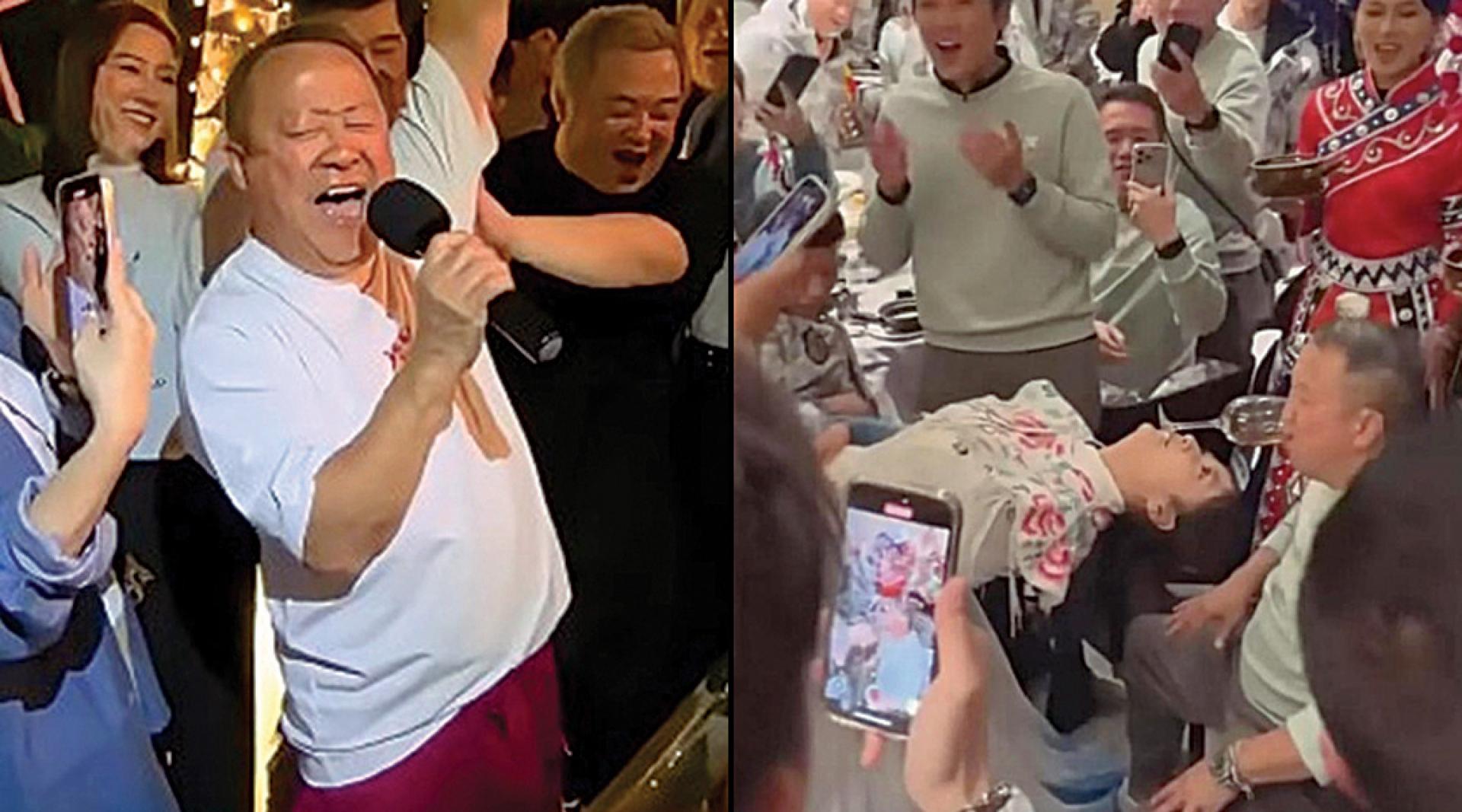 曾志伟卸任后释放天性。（右）昆明妹子“叼杯敬酒”。