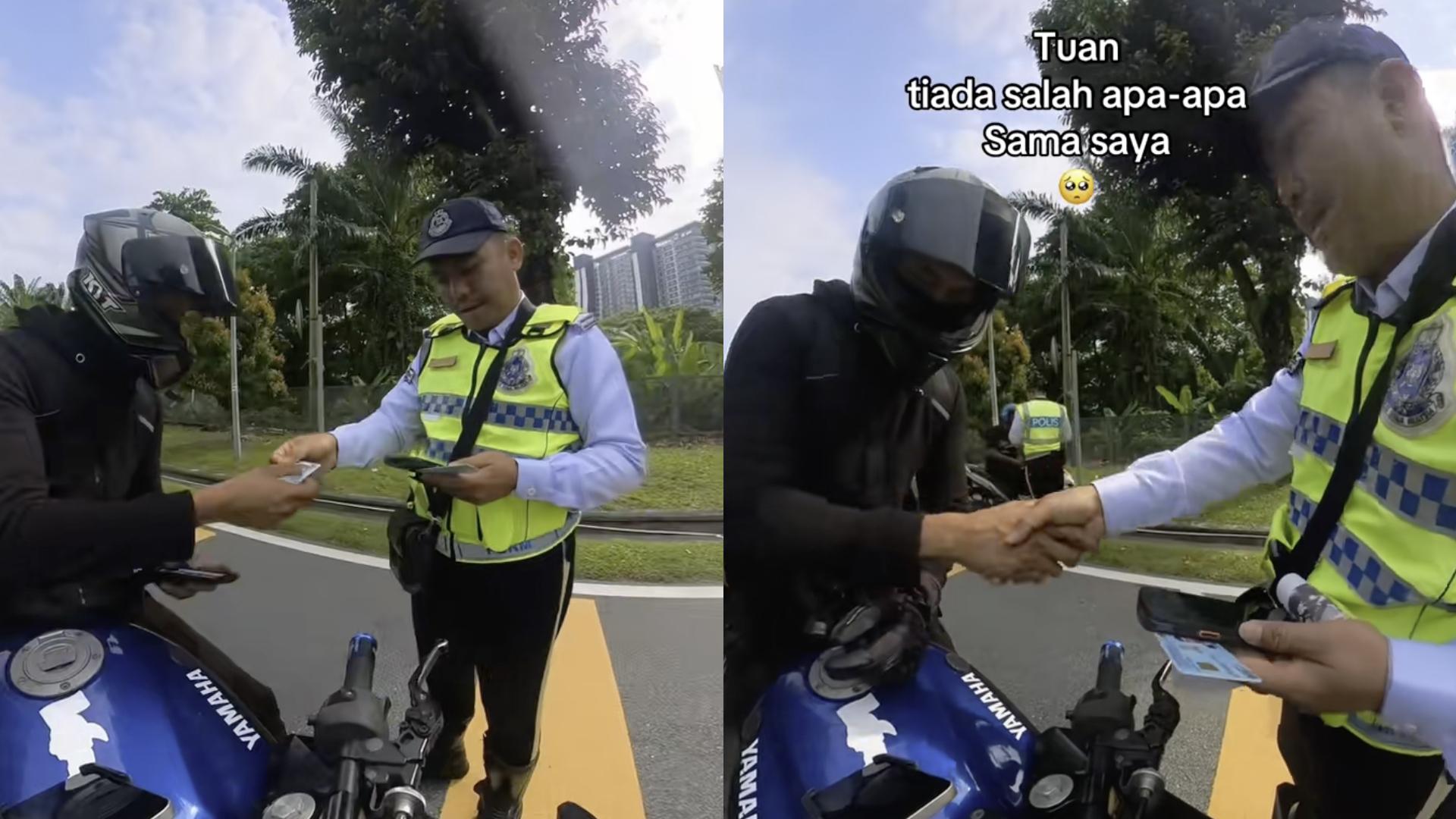 交警对违规的骑士开罚单时，不但向骑士握手道歉，还解释违规的风险。