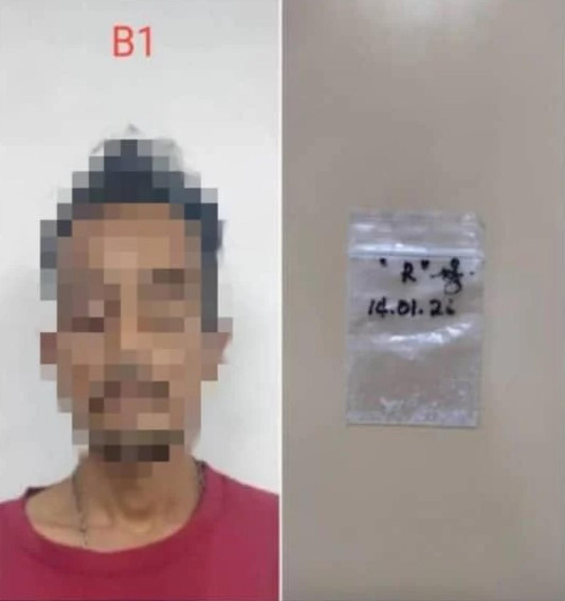 嫌疑人及疑似冰毒的塑料袋。