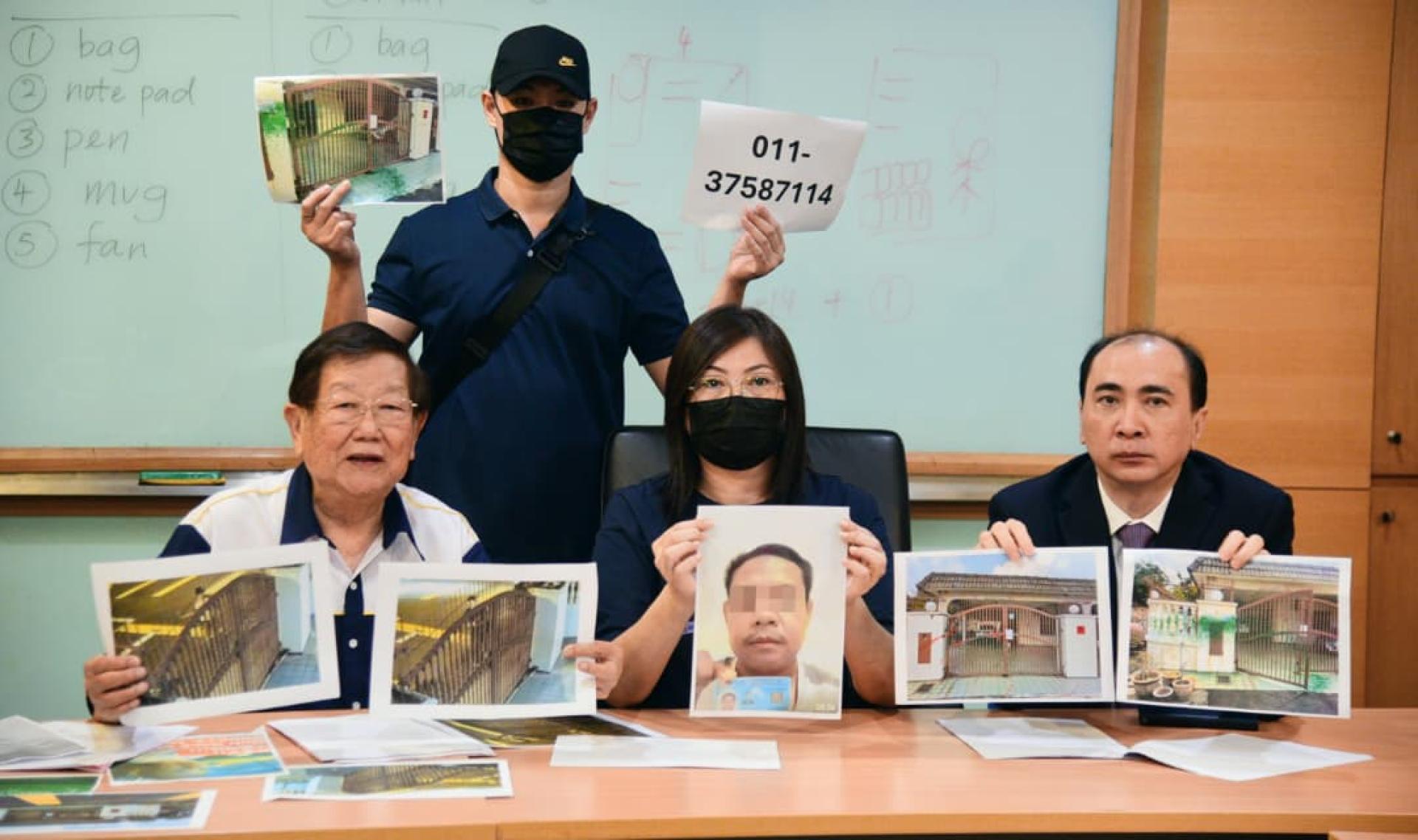 谢姓女事主（中）手持弟弟的图片，宣布脱离关系，坐者左起张天赐和余家福。