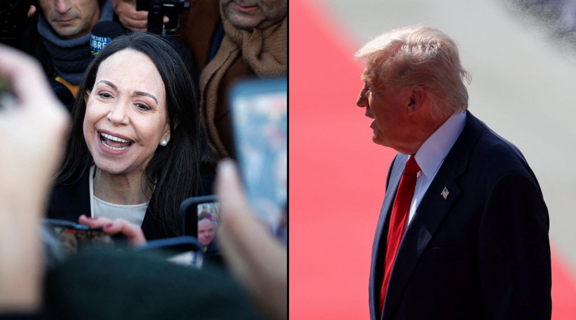 （左）马查多15日在华盛顿向记者发言。（右）特朗普长期以来一直渴望获得诺贝尔和平奖。