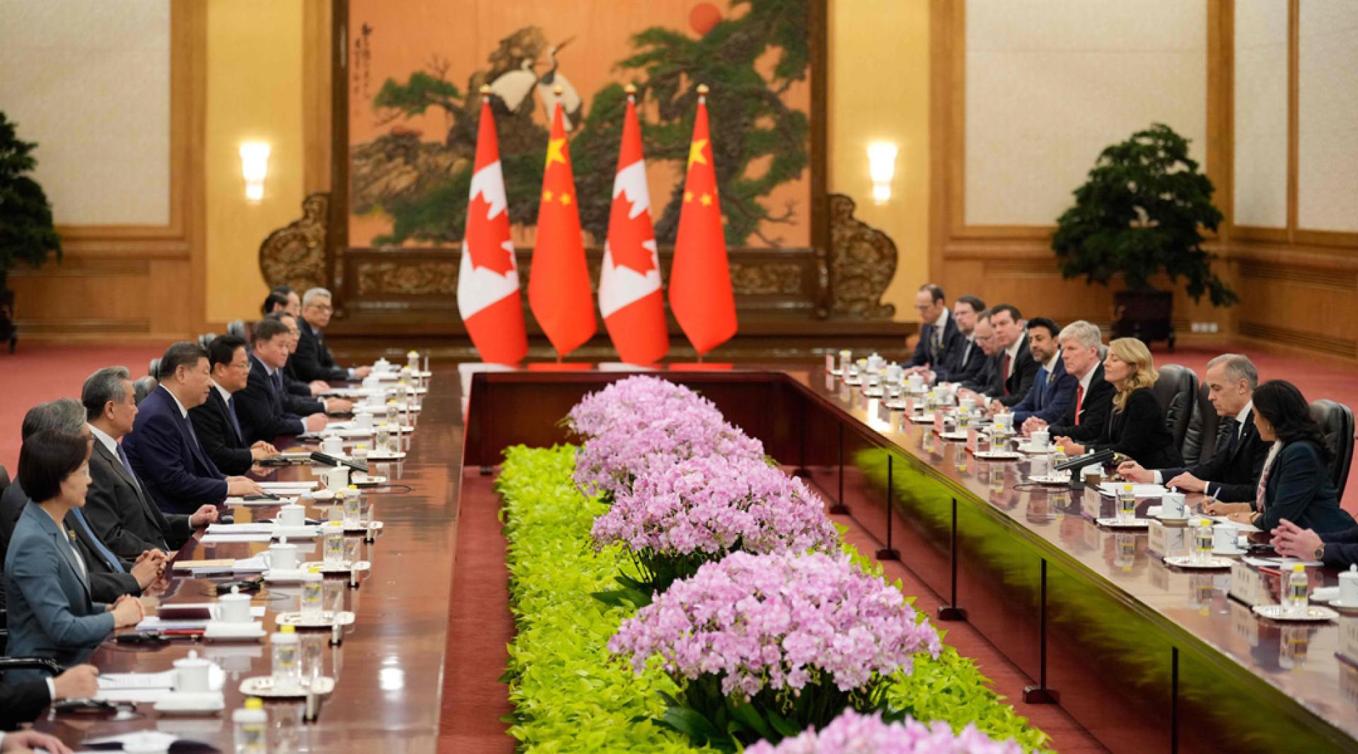 中国国家主席习近平（左四）16日和加拿大总理卡尼（右二）在北京人民大会堂举行会谈。