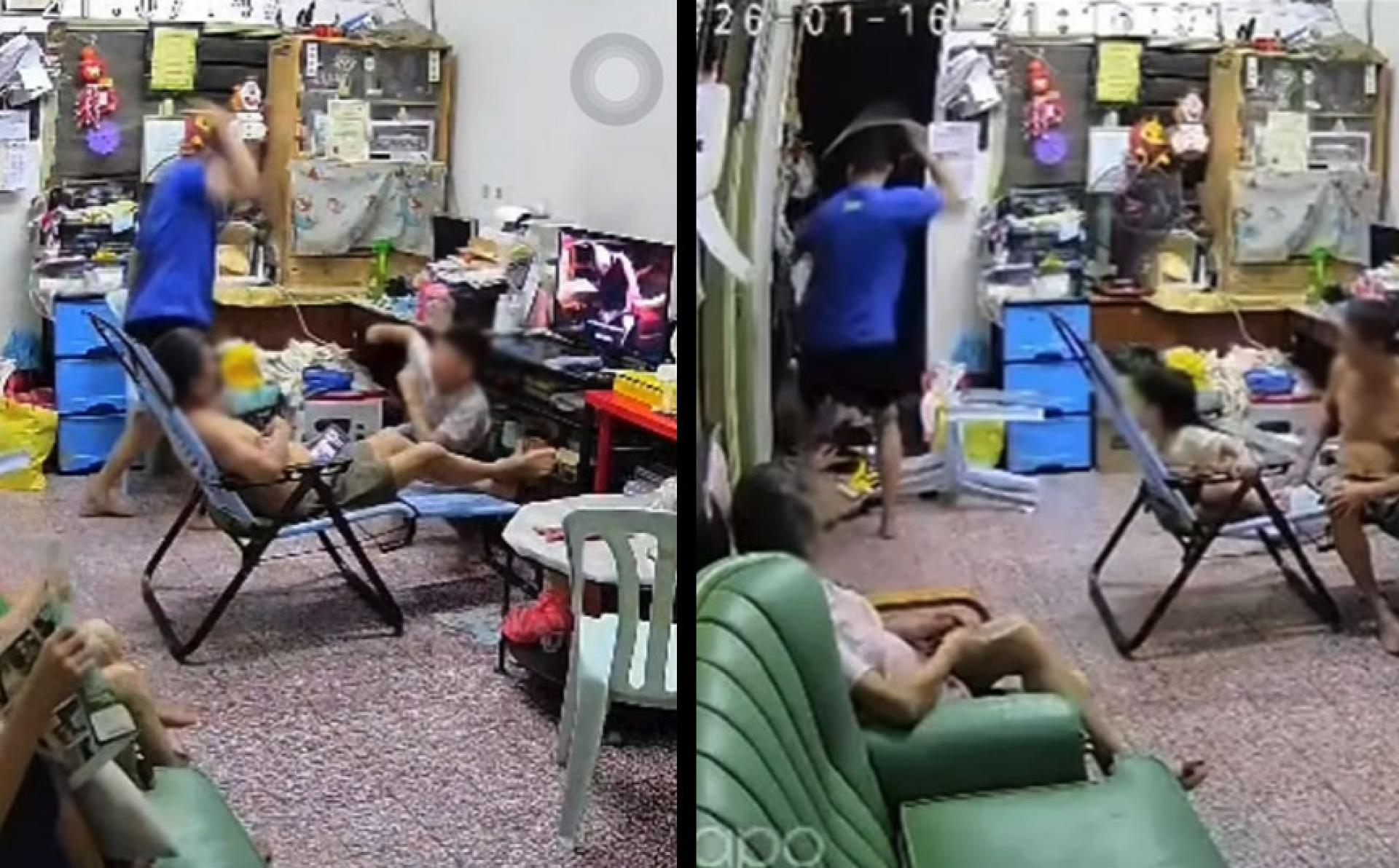 男子责骂鞭打一名孩童，期间拿起塑料椅抛掷。（视频截图）