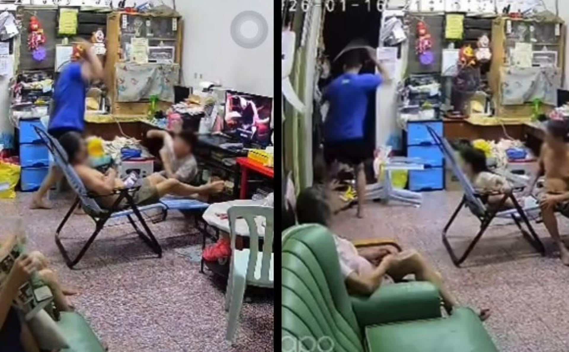 舅舅责骂鞭打外甥，期间拿起塑料椅抛掷。