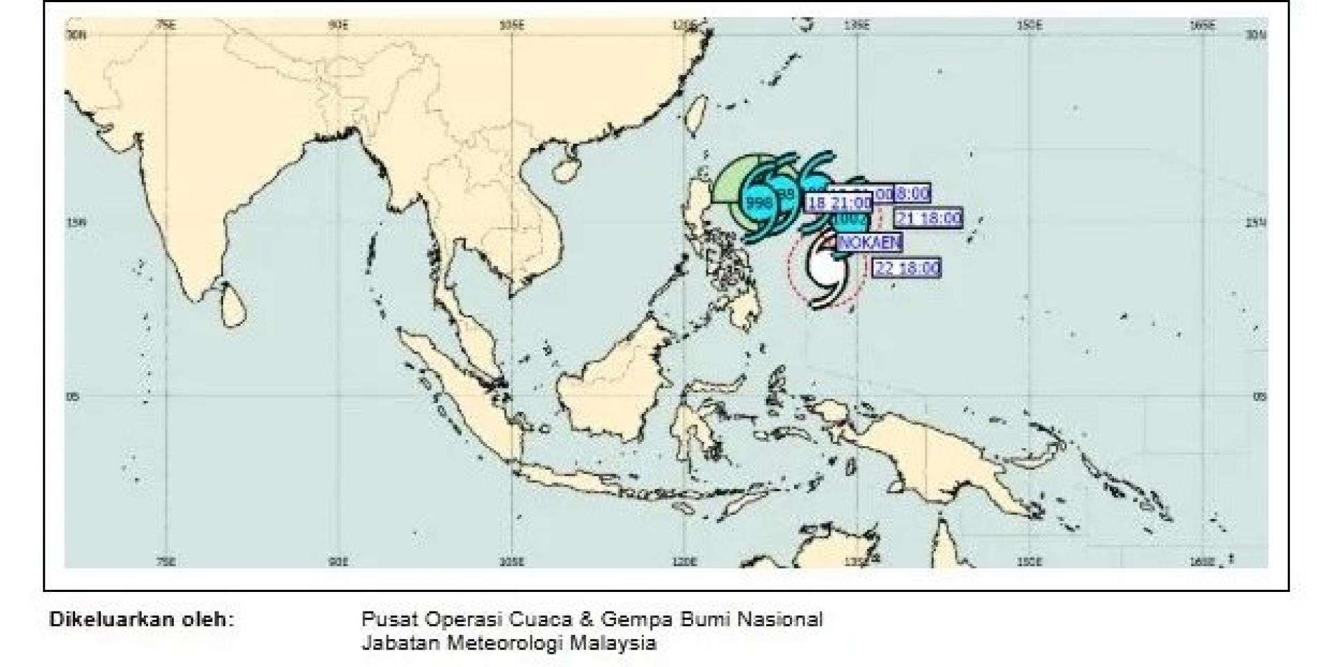马来西亚气象局监测的热带风暴诺凯恩路径图显示，该系统正向西太平洋东北偏东移动，对我国暂无重大影响。
