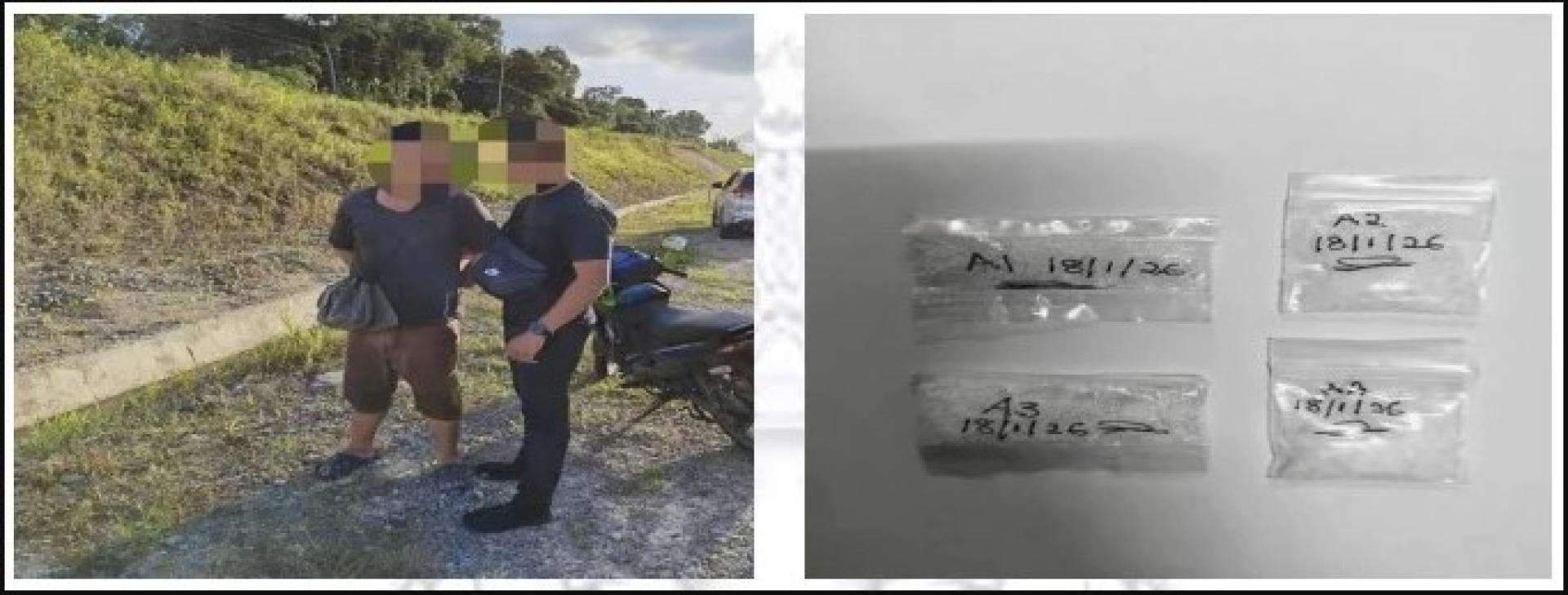 警方提供的照片显示，泗里街肃毒罪案调查组人员拘留嫌犯，并展示起获的4包疑似冰毒。