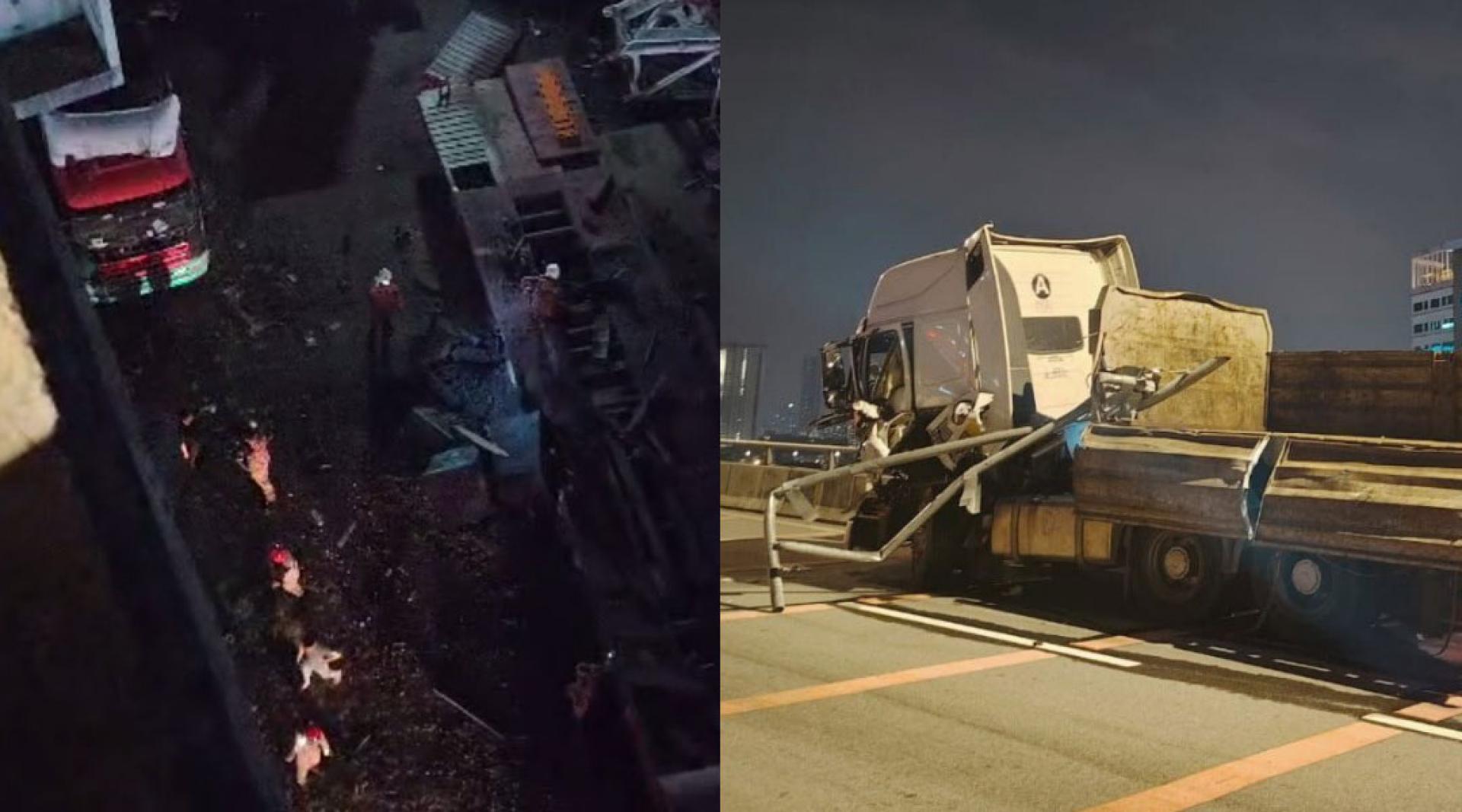 （左图）拖格罗里在撞及高架桥护栏后，司机与跟车员抛飞桥下丧命。（右图）同个时候，高架桥下的工地也发生起重机事故，导致一名工友受伤。
