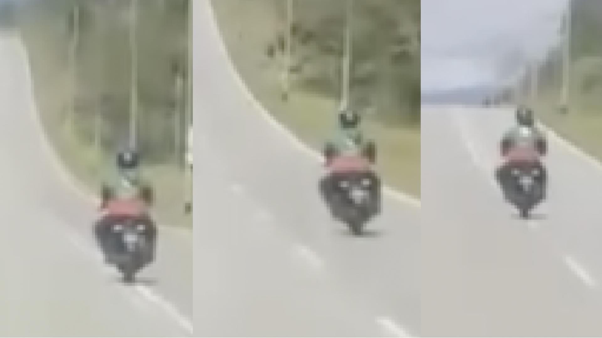 一名摩托车骑士不知何故，不断将摩托车开在公路分界线上，跟着分界线前行，期间还驶入对面车道。