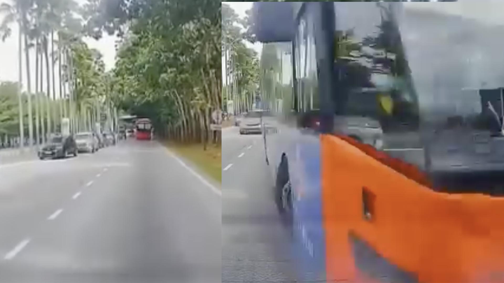 巴士从远处开始就完全没有减速，知道来到轿车面前才紧急闪避，不过已经来不及。