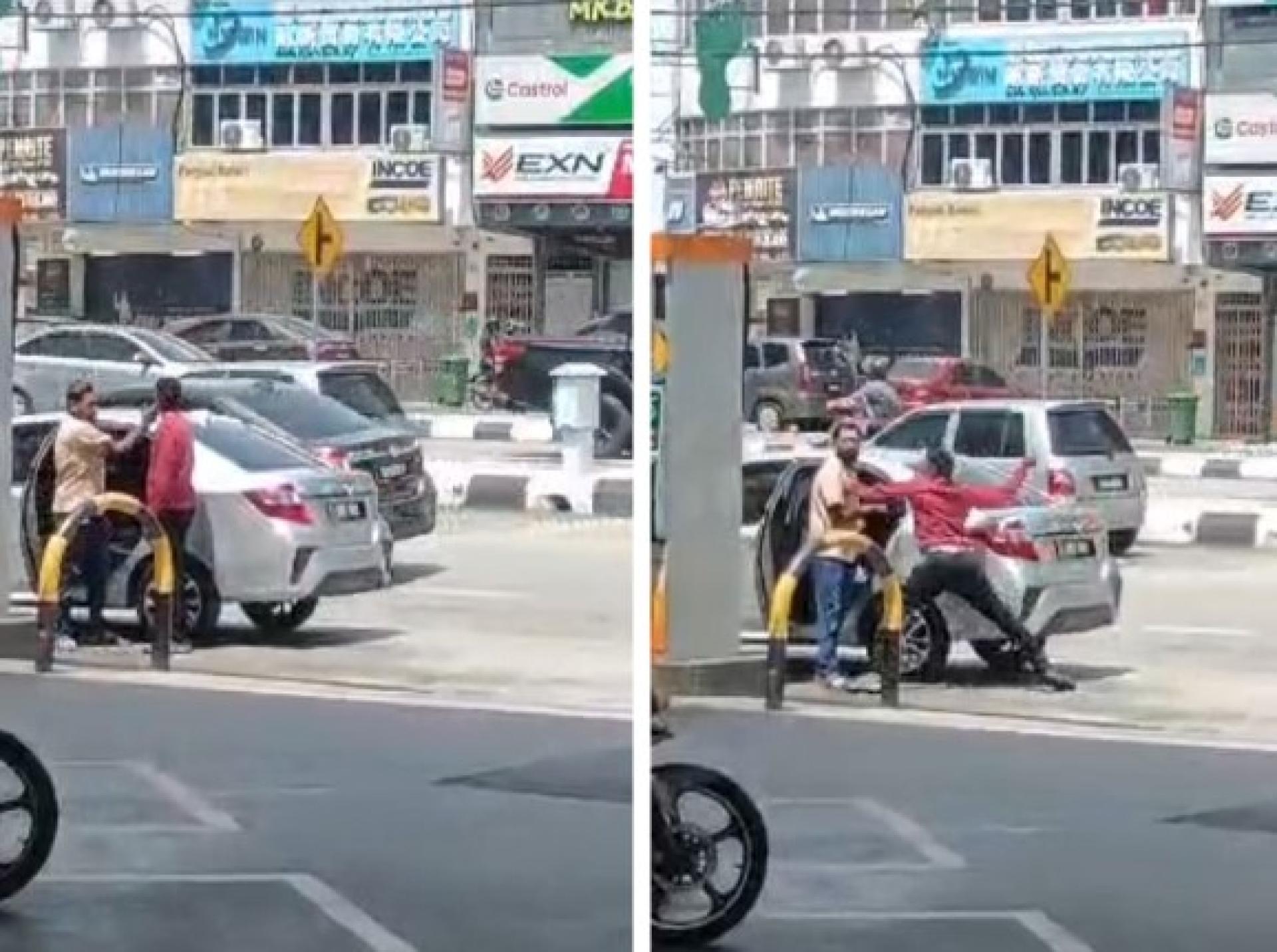 （左）米黄色上衣男子先出手掌掴红衣男。（右）红衣男还手。