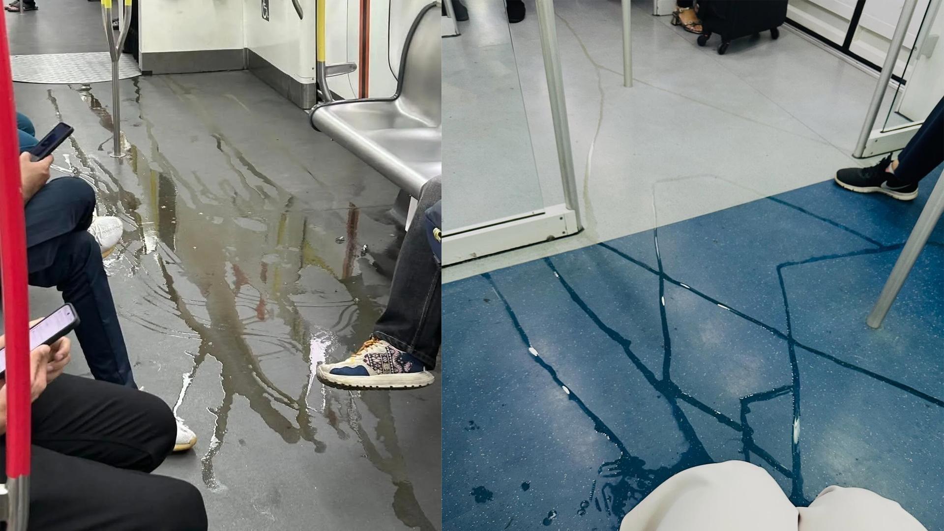 一名乘客携带饮料轻快铁，结果饮料打翻，把车厢变成了积水区。右图为网民留言指她也遇到过这样的情况。