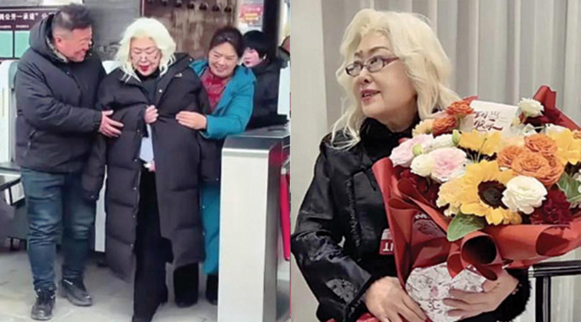 斯琴高娃顶着一头亮铂金色假发，戴着时尚皇冠头饰，精神看似不错（右图）；她近日被目击外出要人搀扶（左图）。