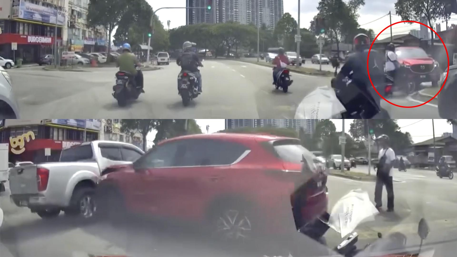 一辆休闲车在红灯时继续U转，撞上2辆摩托车和一辆货卡。