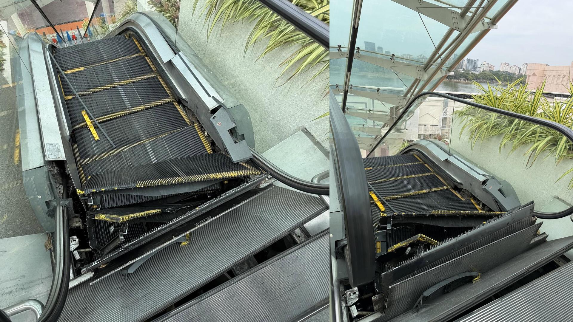 电动扶梯梯级突然严重损坏，一名妇女仅差10秒就成为受害者。