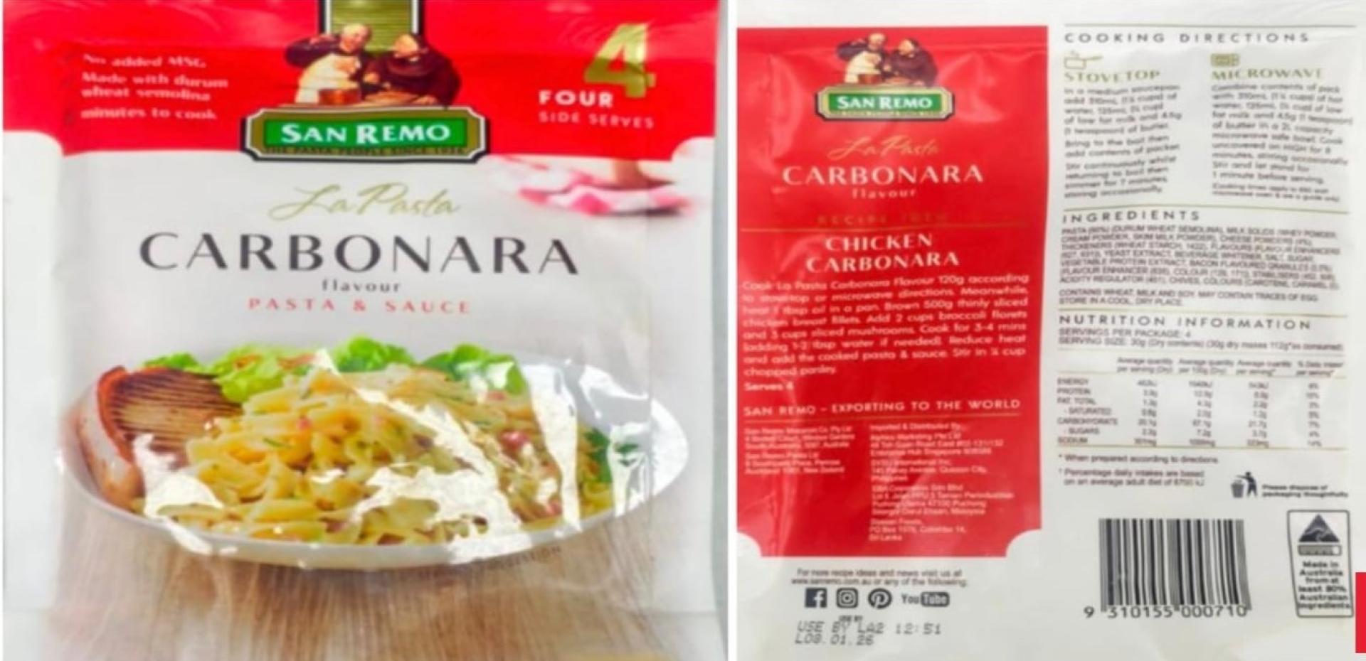 图为San Remo品牌“La Pasta Carbonara Flavour Pasta and Sauce”意面及酱料