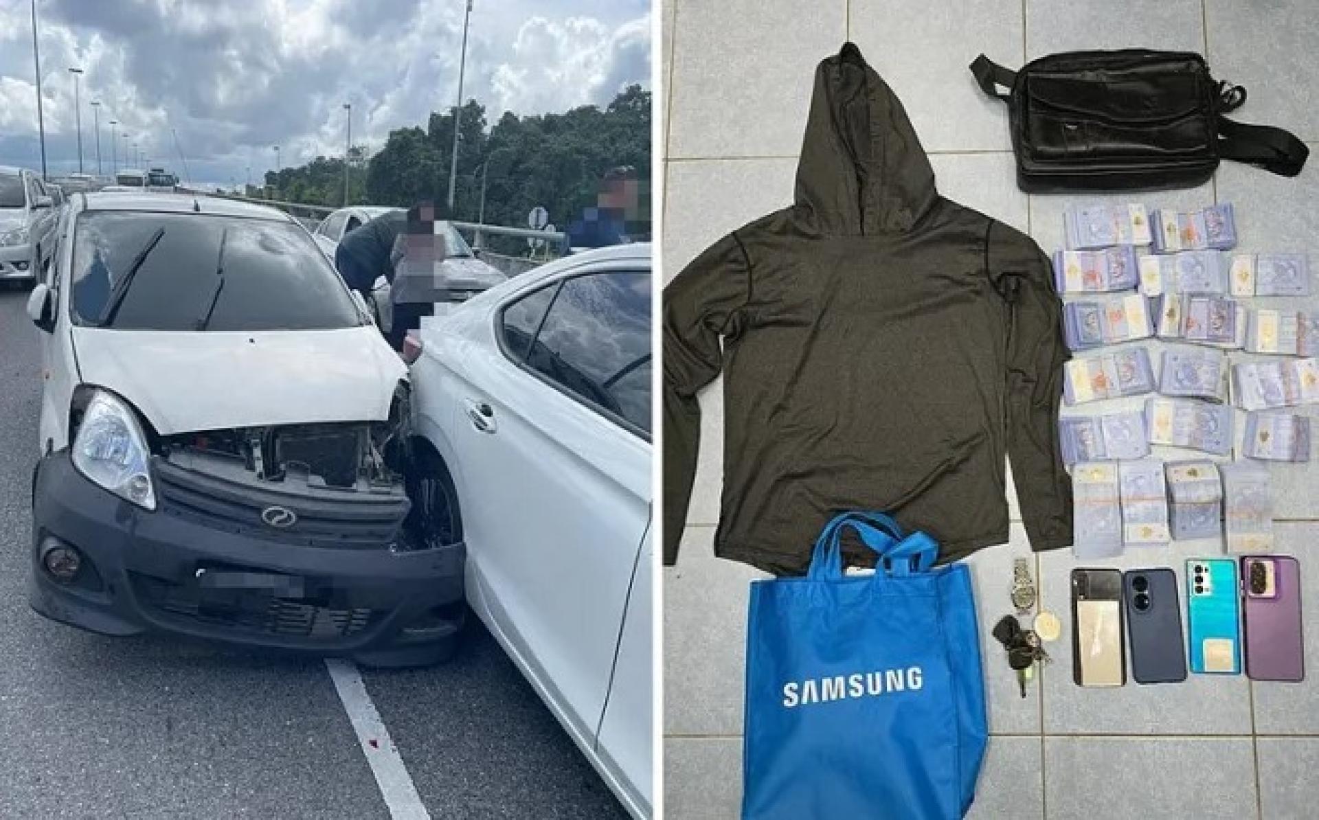 复合照片显示了嫌疑人受损车辆及警方于2026年1月31日查获的物品。