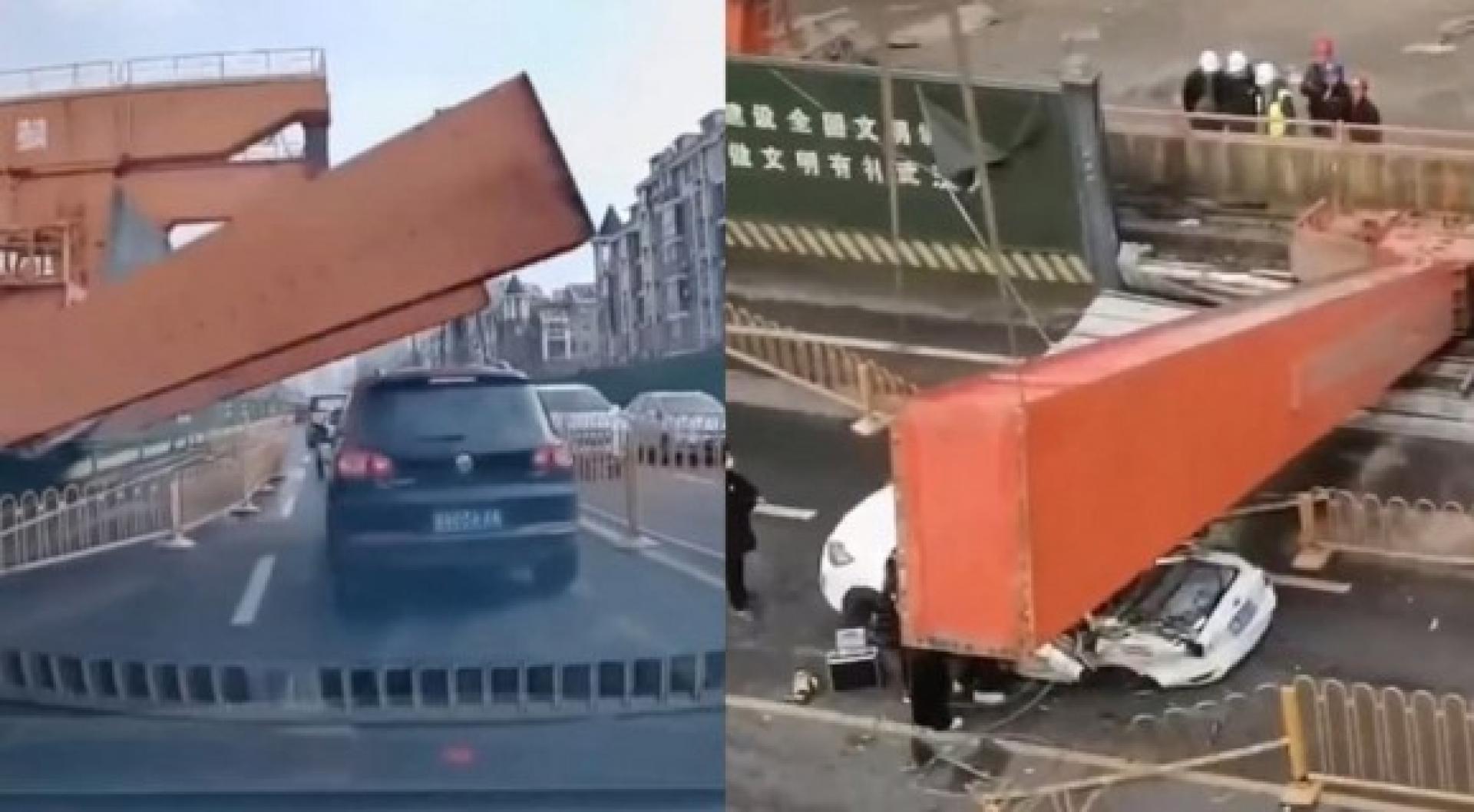 龙门式起重机的支腿压到汽车。