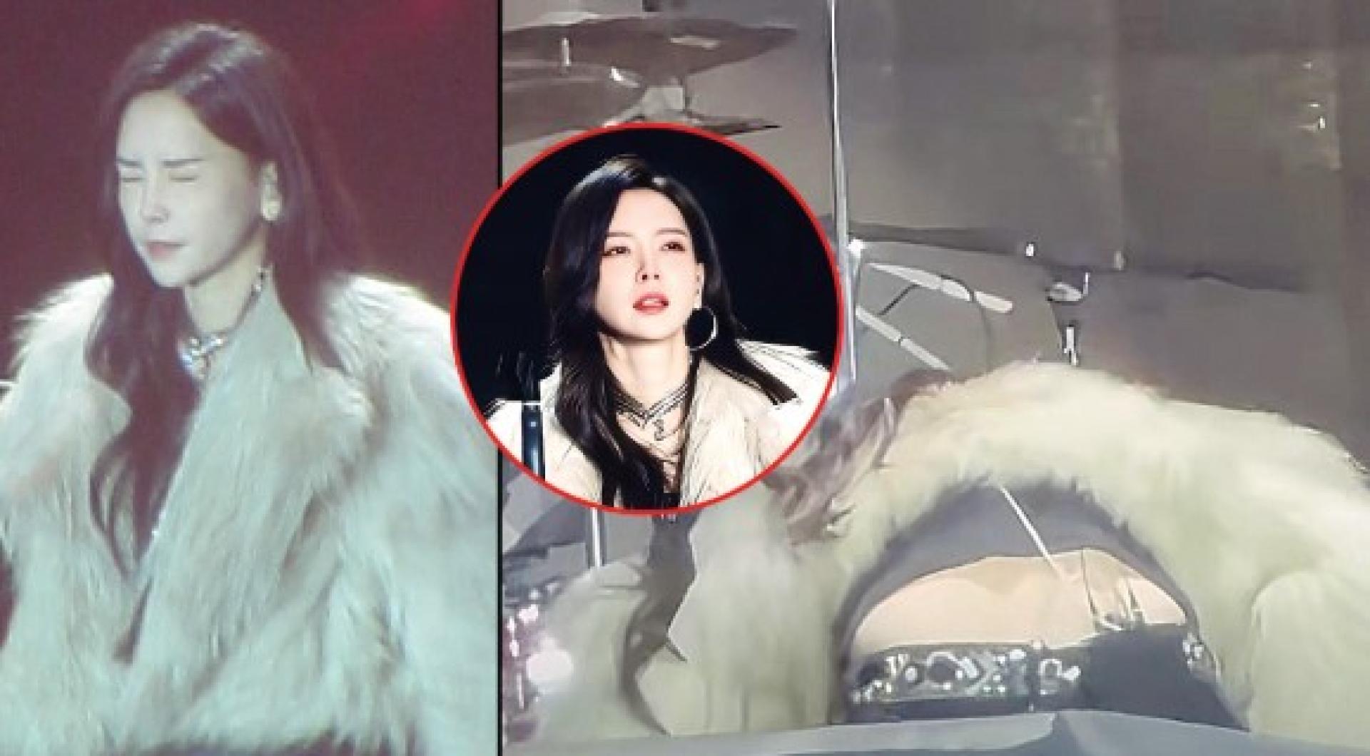 （左）于文文演唱时频繁眨眼。（右）于文文突然转身蹲下不动，而后瘫软倒地失去意识。