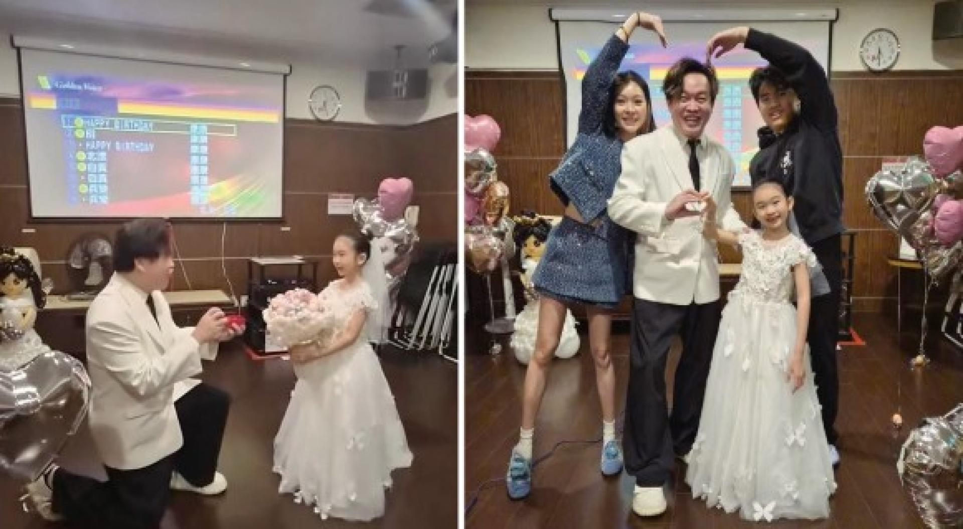 （左）康康单膝下跪跟女儿Alyssa求婚。（右）康康一家人开心合影。