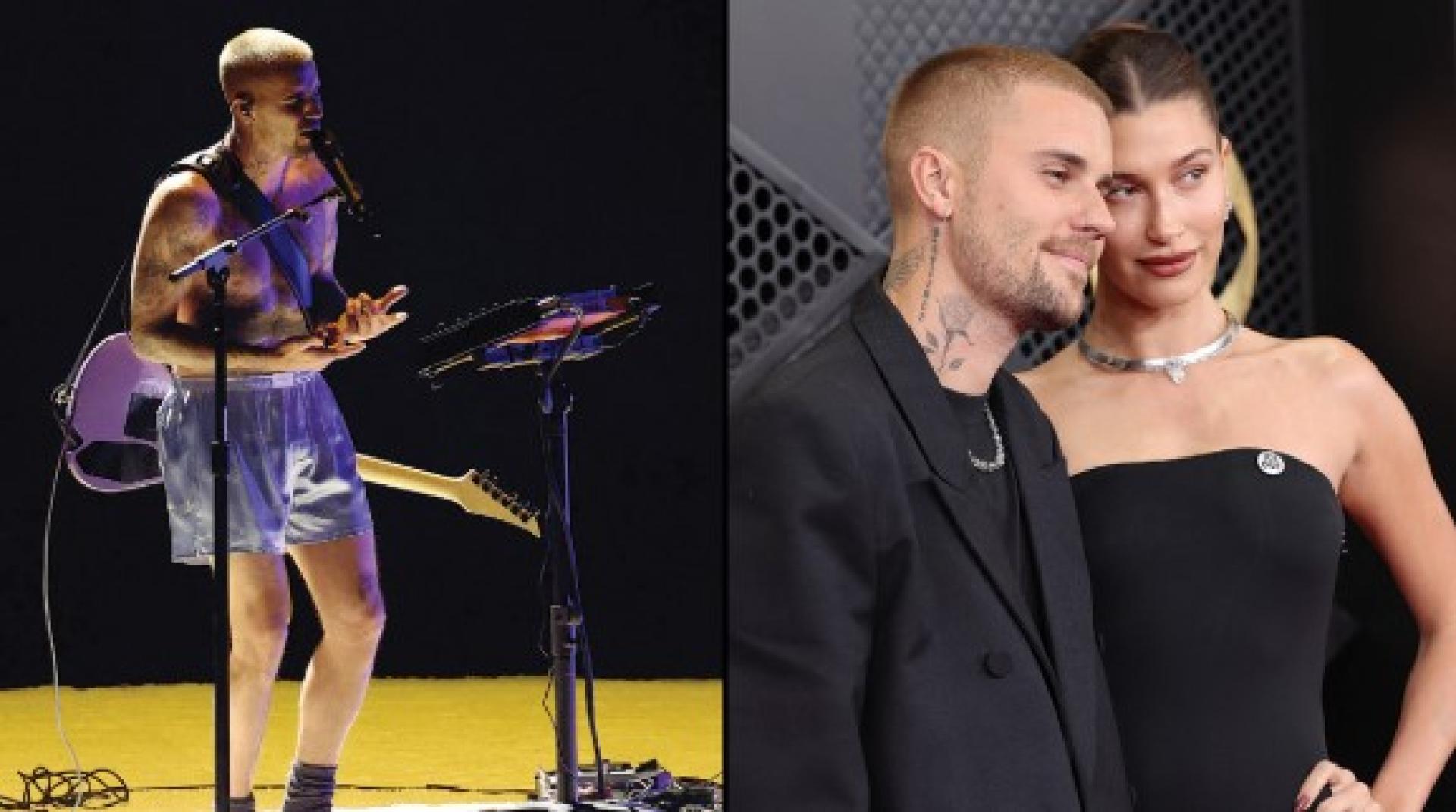 （左）贾斯汀比伯穿四角裤上台演出。（右）贾斯汀比伯和海莉一同出席格林美。