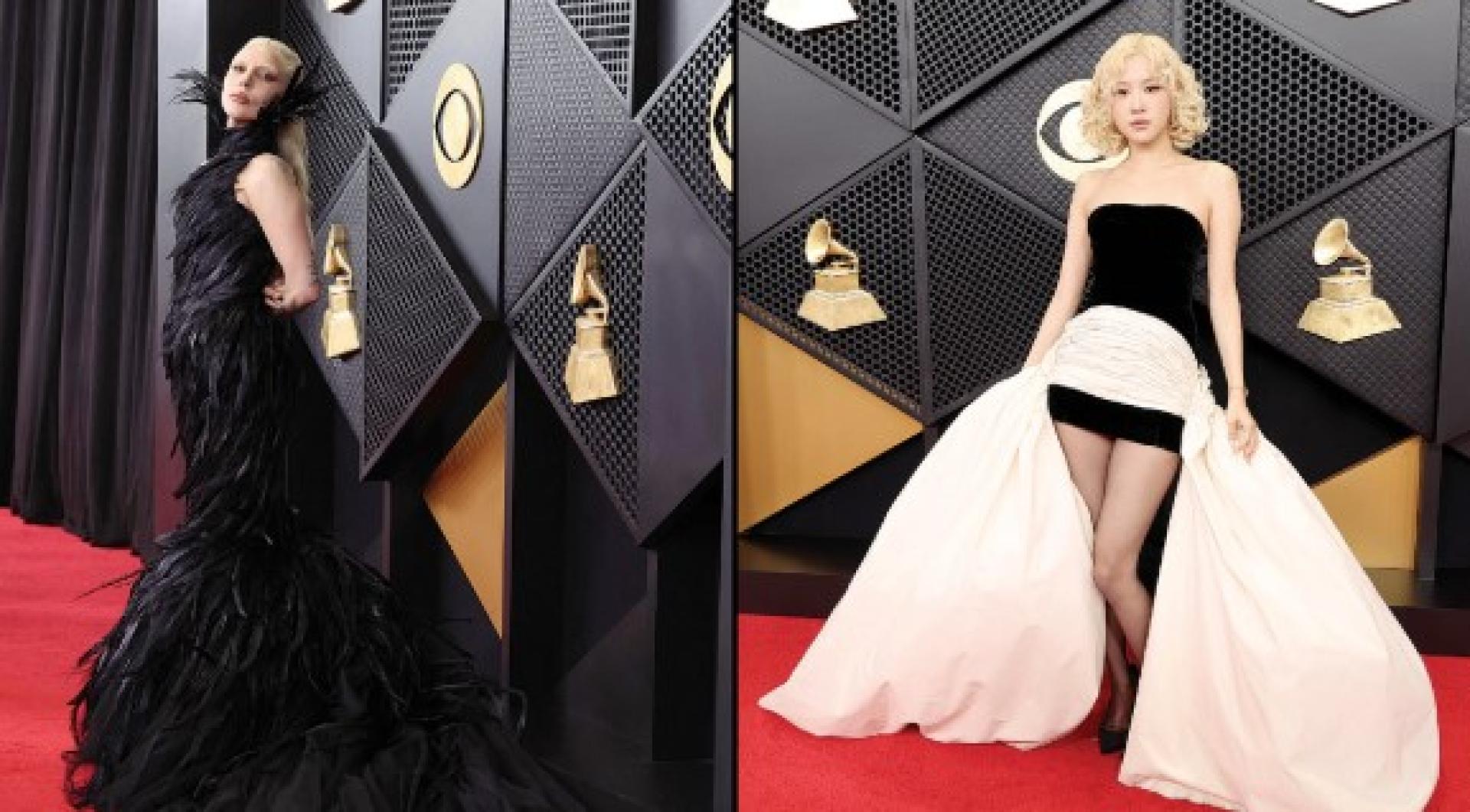 （左）女神卡卡典雅走红毯。（右）Rose以黑白造型礼服美美走红毯。