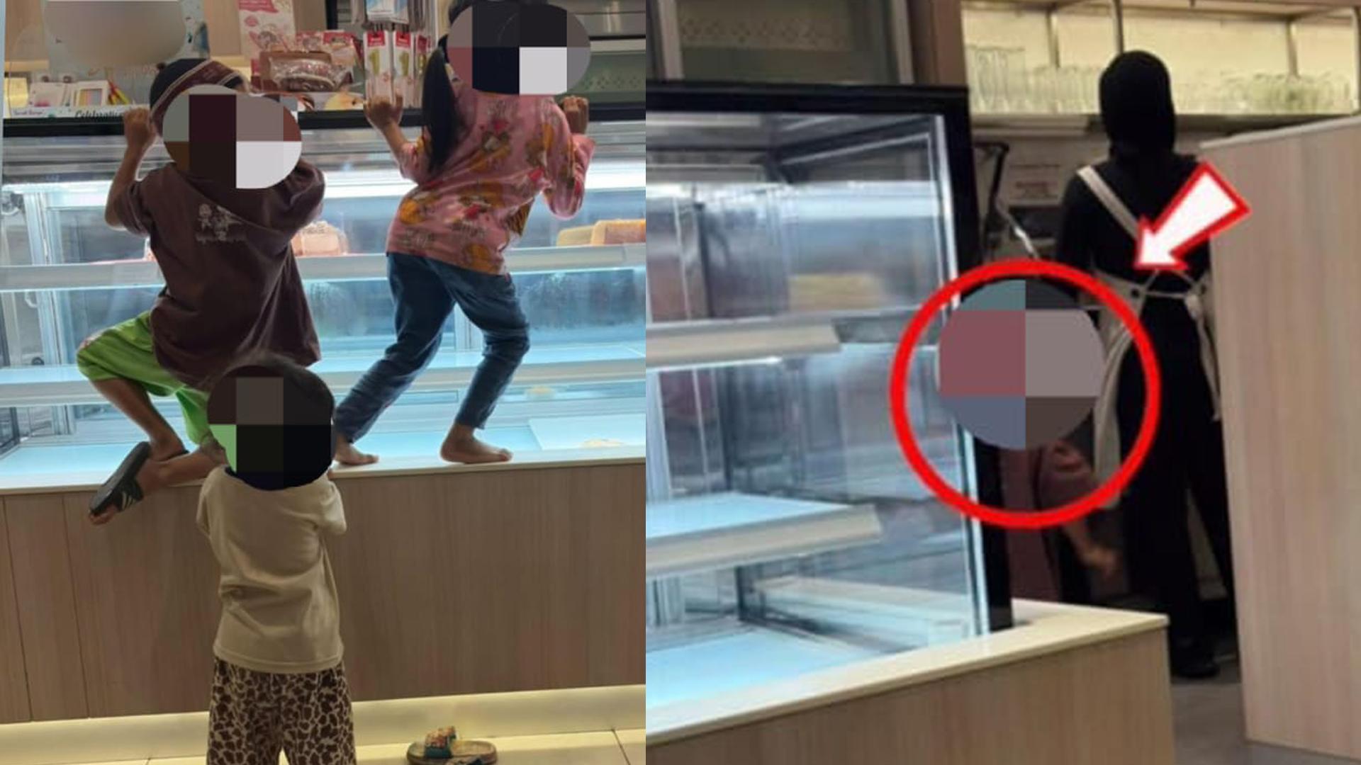 父母放任孩子在餐厅嬉闹，不仅攀爬蛋糕展示架，还进入员工区域干扰员工工作。