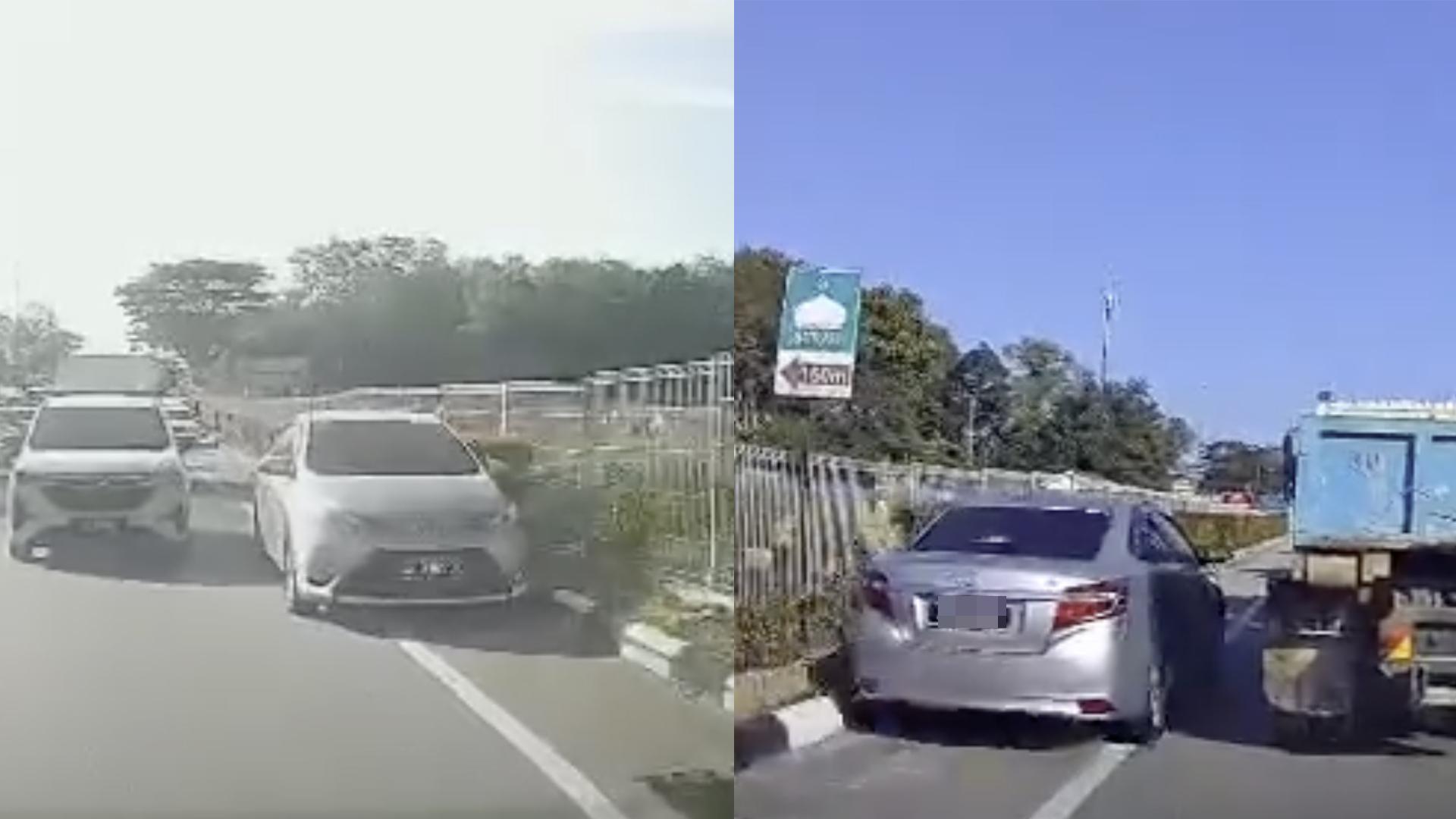 一辆轿车不愿困在车龙中，冒险在狭窄的路肩行驶。